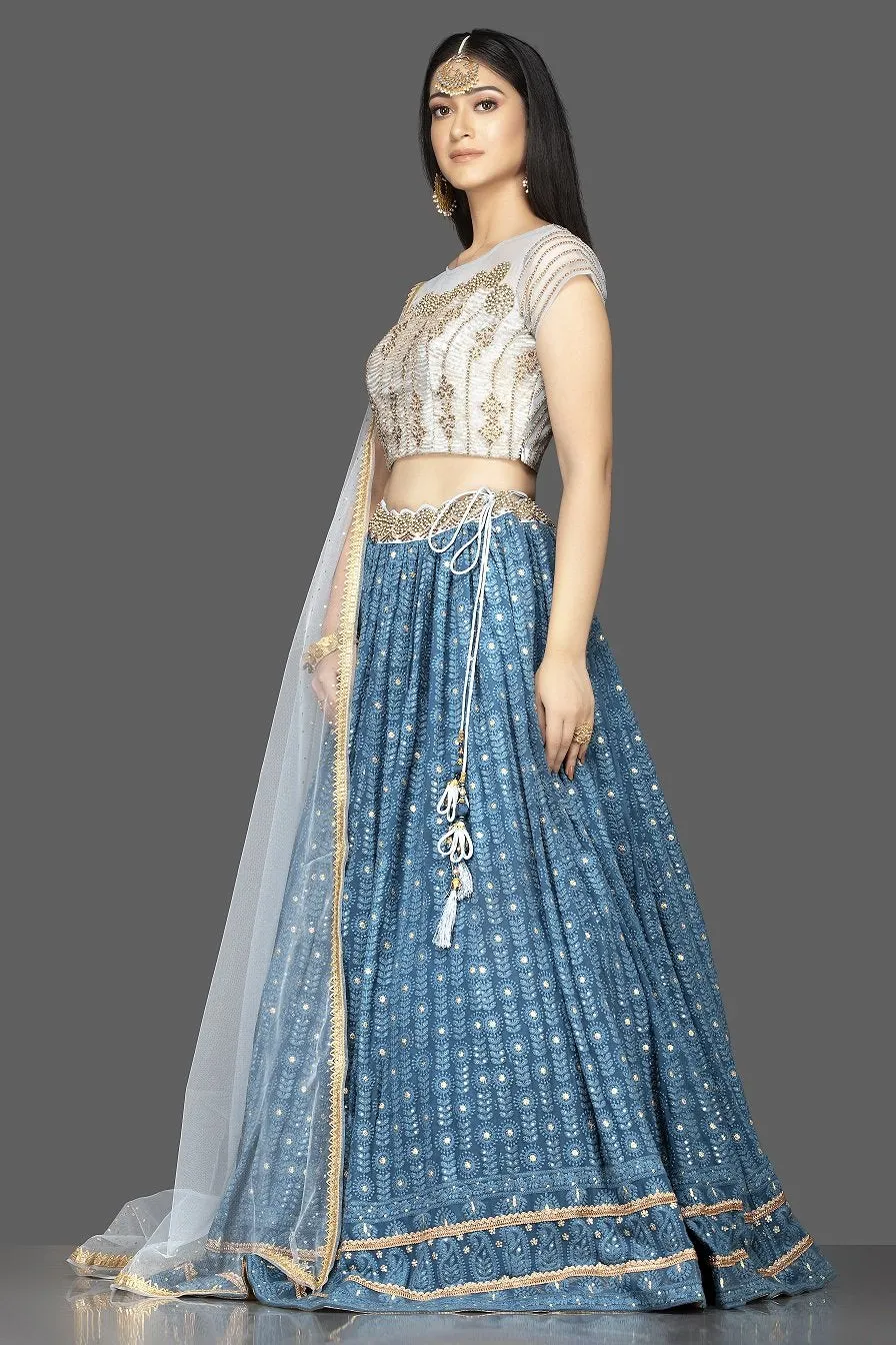 300471 Blue Lucknowi Work Georgette Lehenga with Net Dupatta