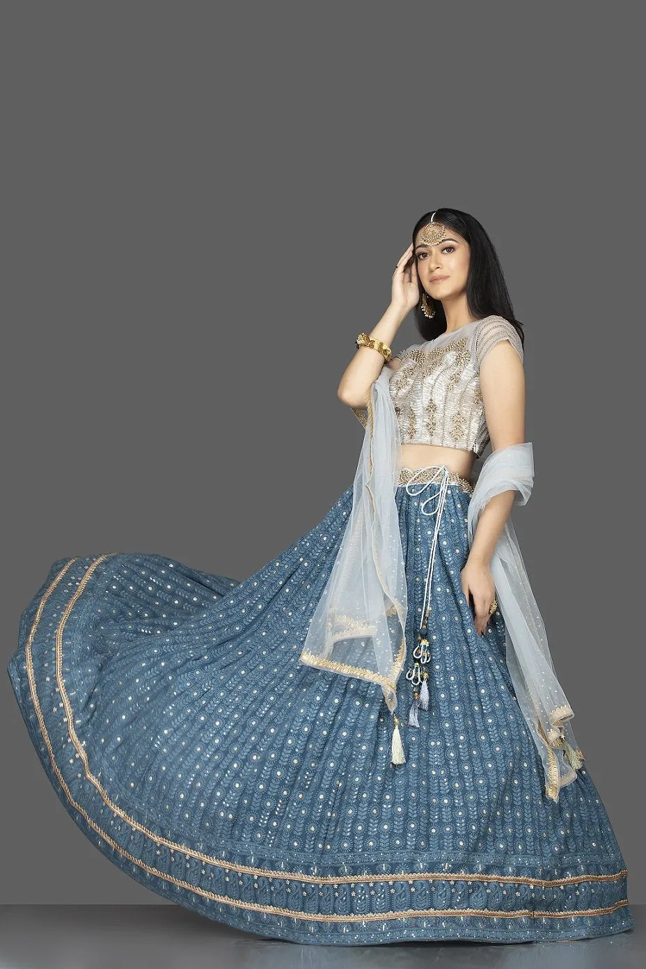 300471 Blue Lucknowi Work Georgette Lehenga with Net Dupatta