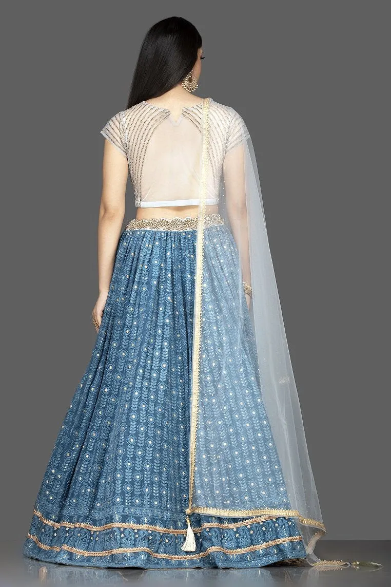 300471 Blue Lucknowi Work Georgette Lehenga with Net Dupatta