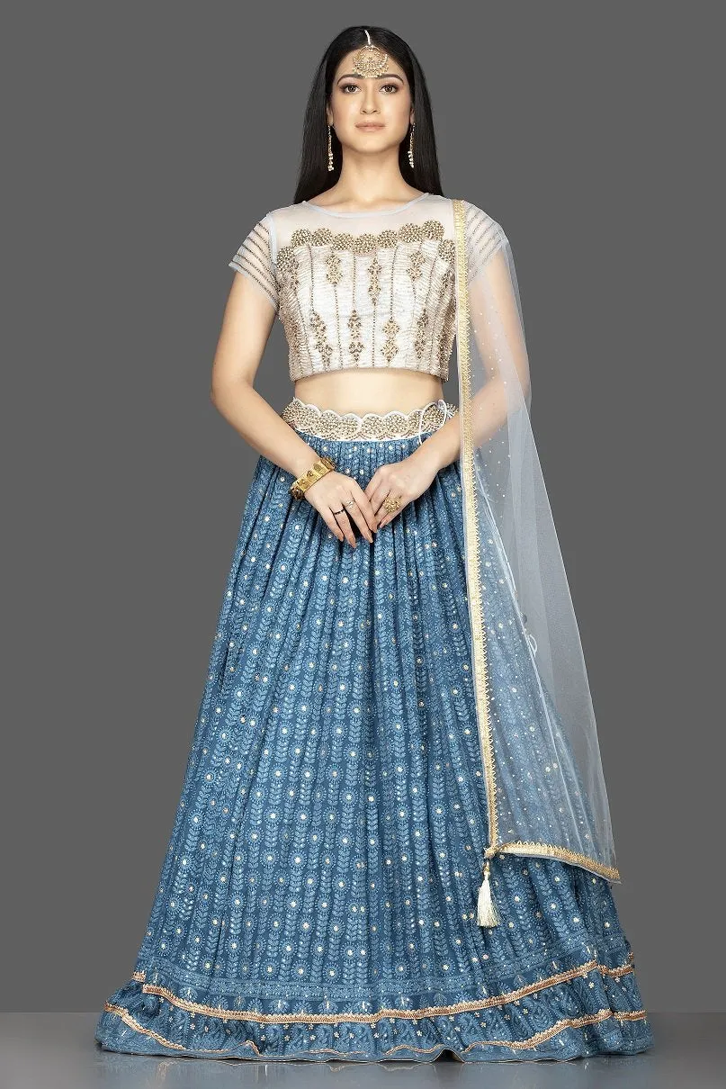 300471 Blue Lucknowi Work Georgette Lehenga with Net Dupatta