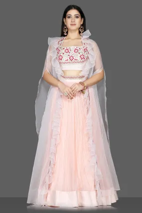 300483 Powder Pink Embroidered Georgette Lehenga with Organza Cape