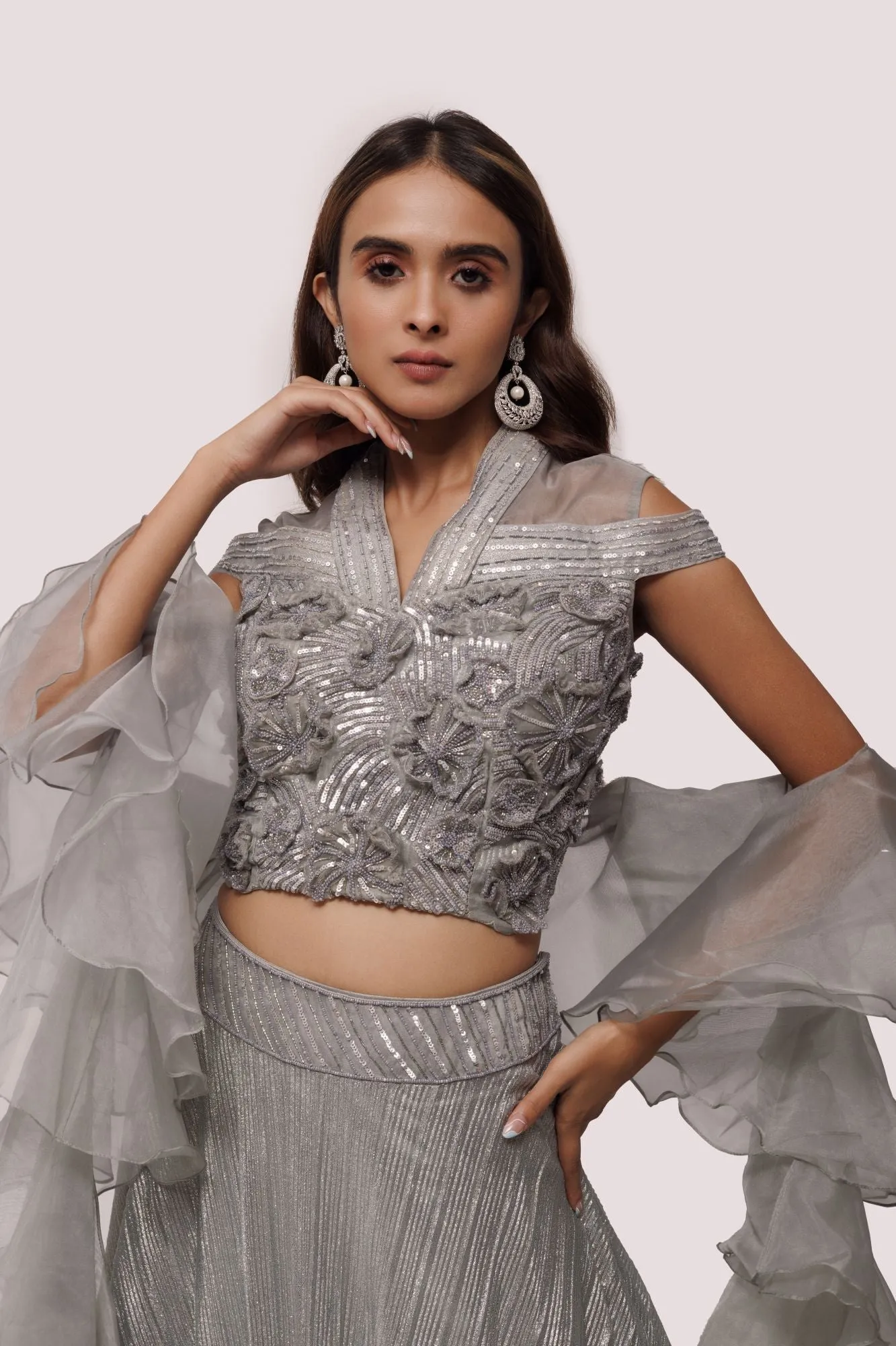 30Z300-RO Grey Organza Lehenga Set With Dupatta