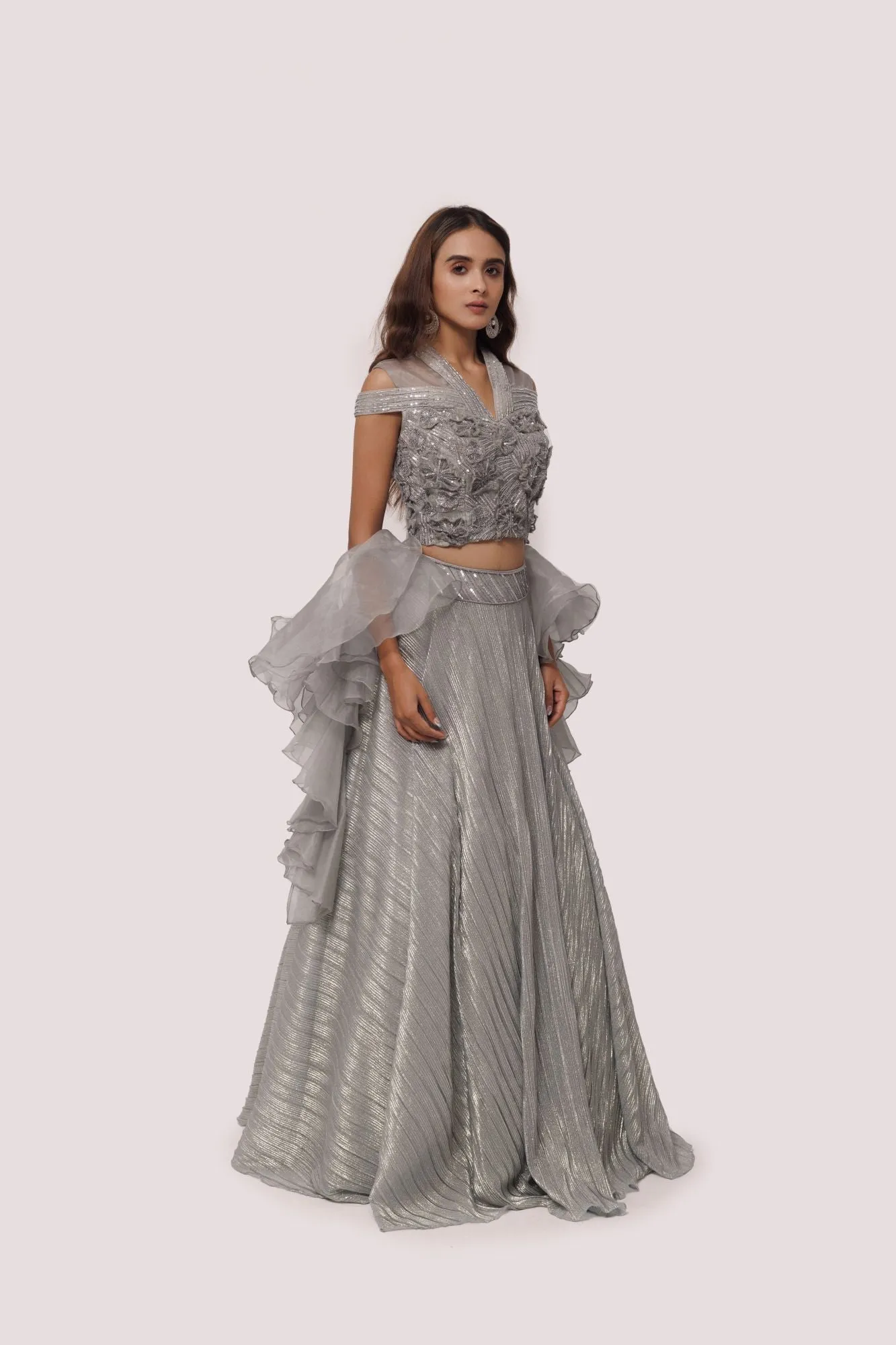 30Z300-RO Grey Organza Lehenga Set With Dupatta