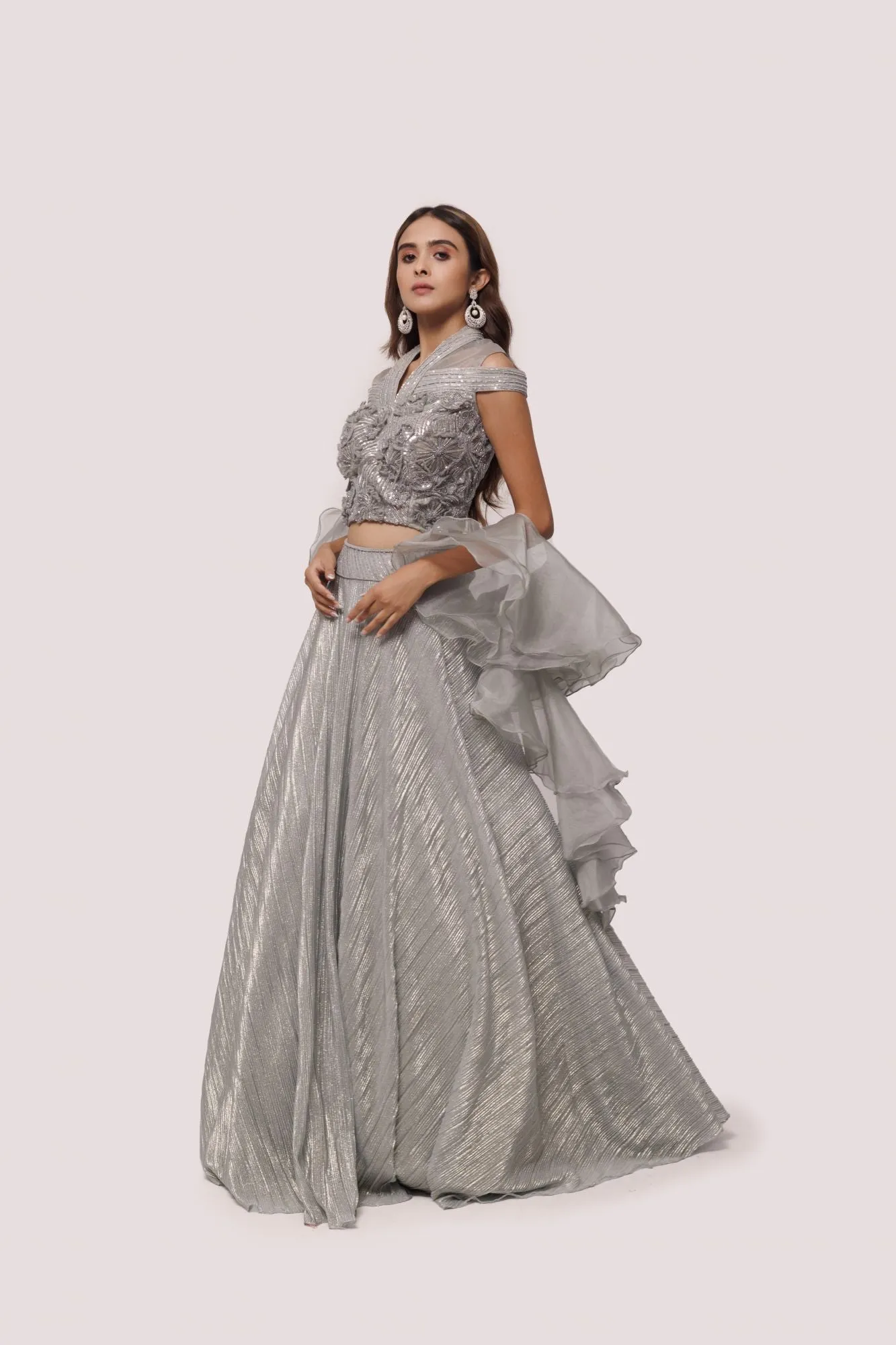 30Z300-RO Grey Organza Lehenga Set With Dupatta