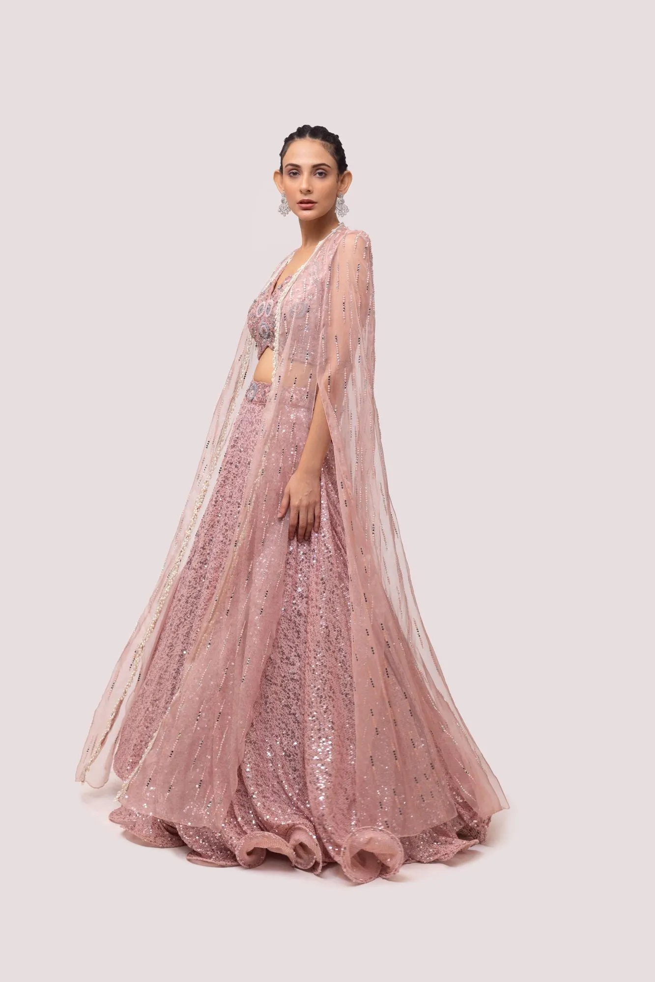 30Z308-RO Light Pink Embroidered Organza Lehenga Set