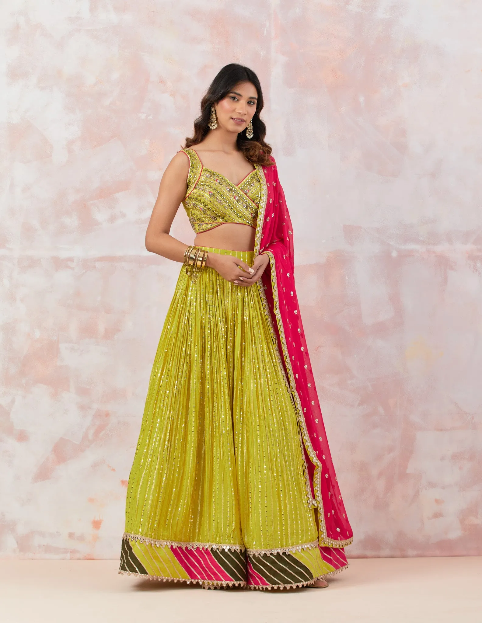 30Z309-RO Lime Green Embroidered Georgette Lehenga Set