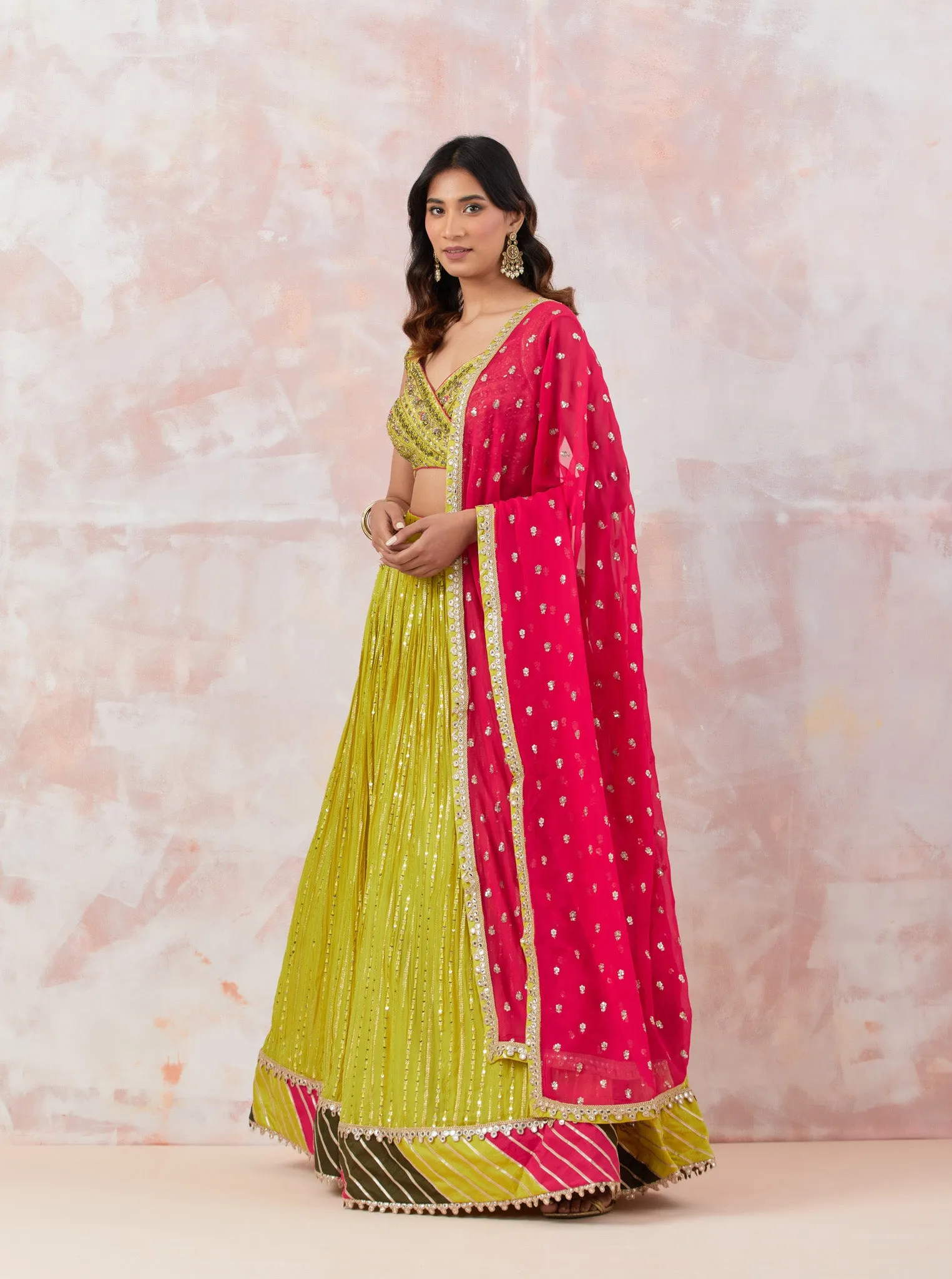 30Z309-RO Lime Green Embroidered Georgette Lehenga Set