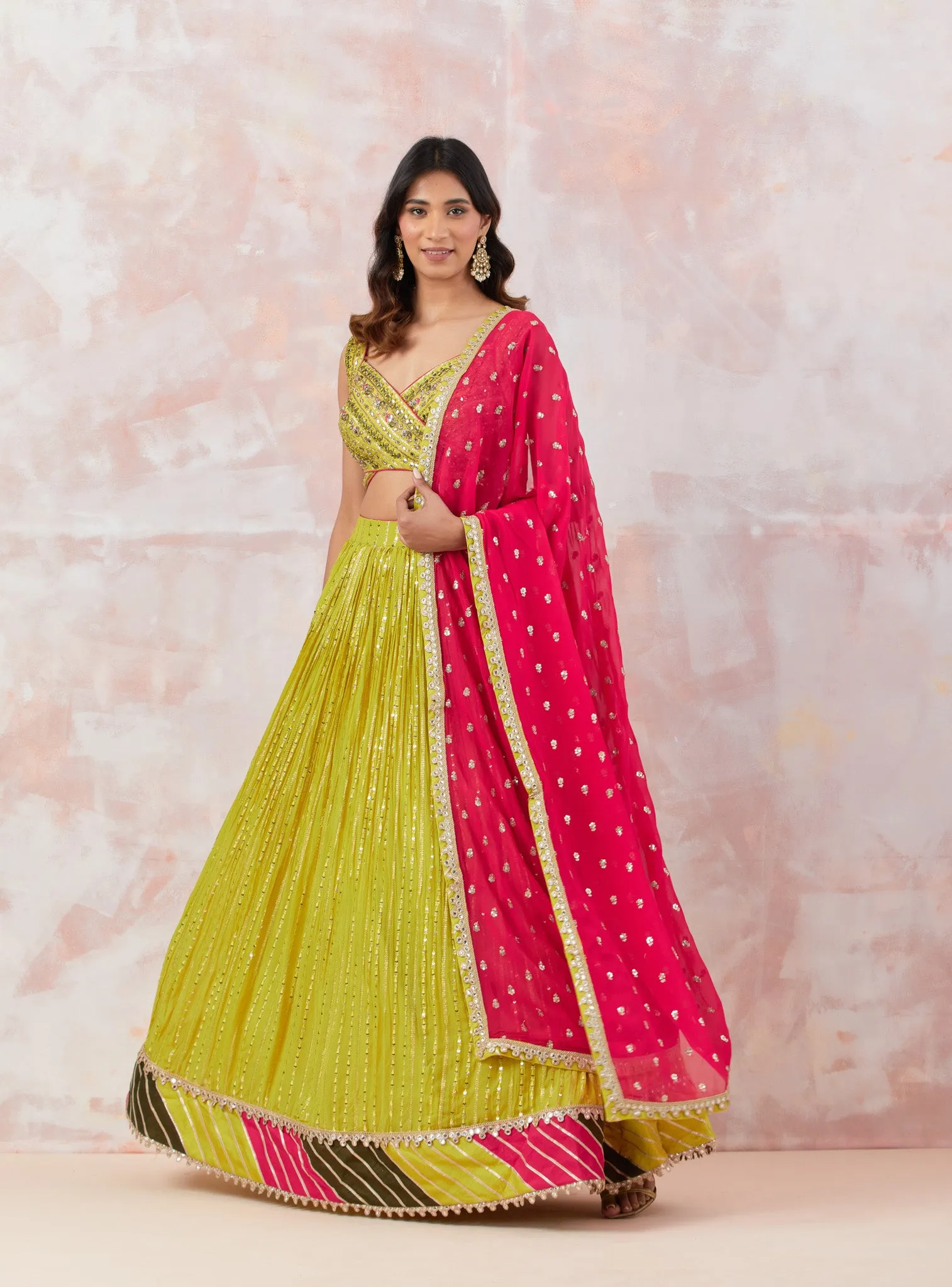 30Z309-RO Lime Green Embroidered Georgette Lehenga Set