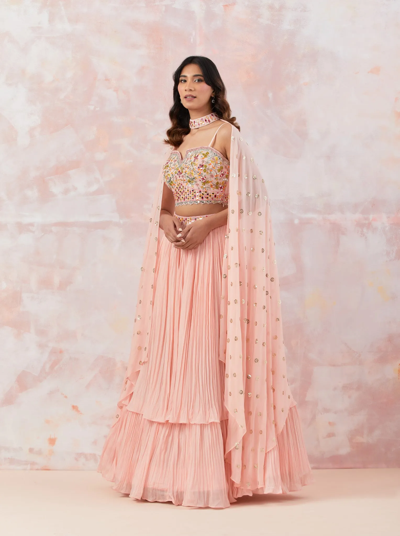 30Z310-NRO Peach Georgette Lehenga Set With Embroidery