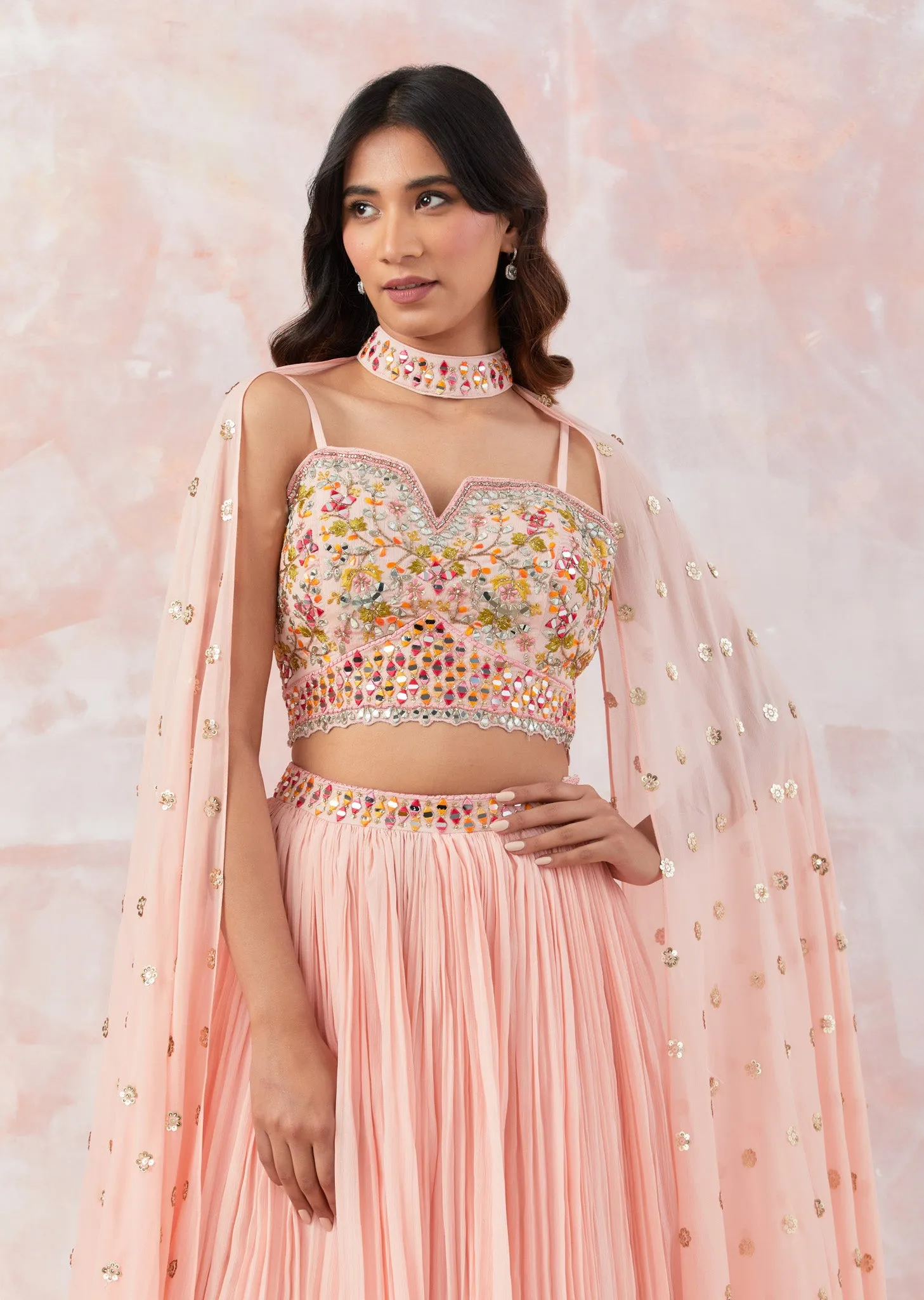 30Z310-NRO Peach Georgette Lehenga Set With Embroidery