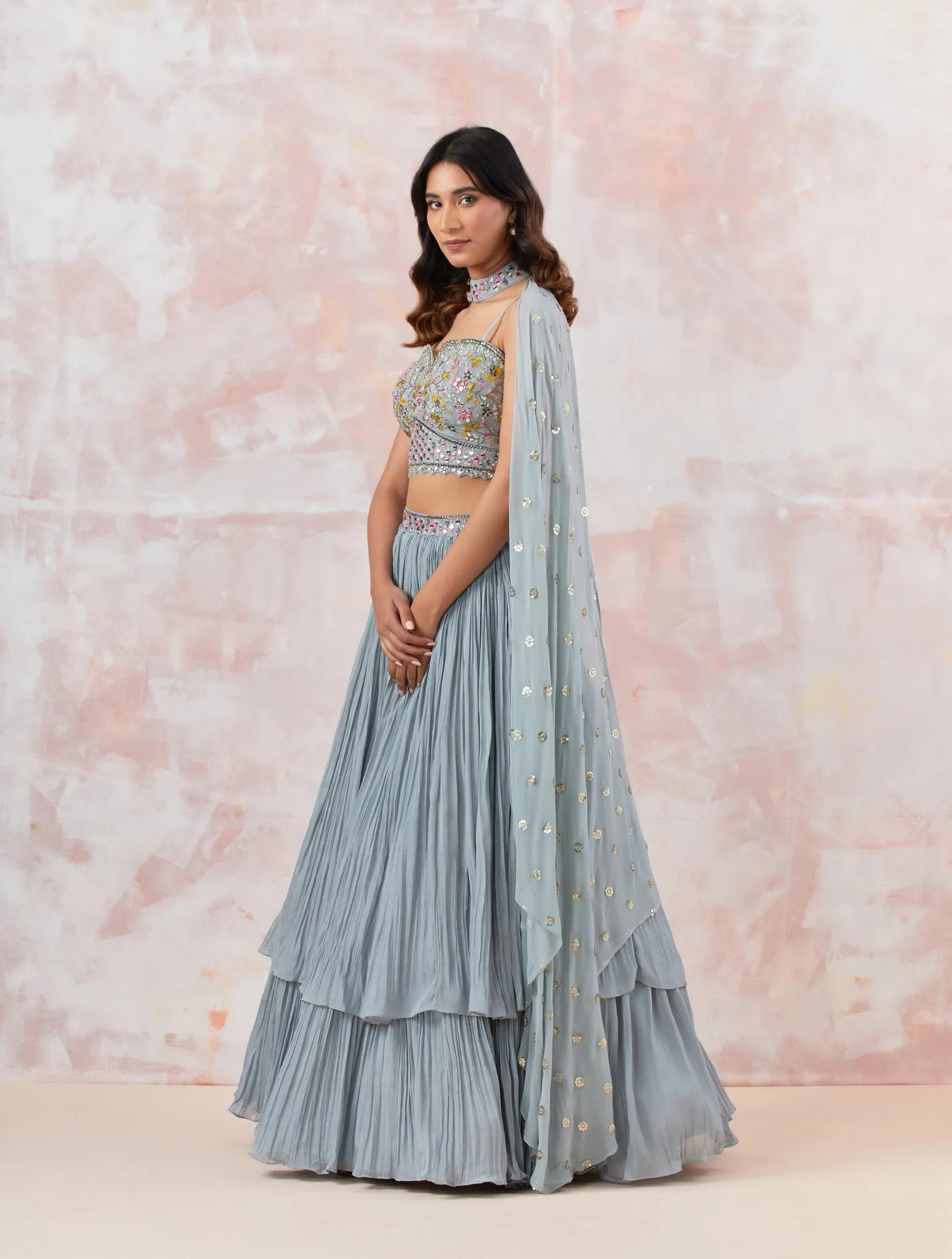 30Z311-NRO Grey Georgette Lehenga Set With Embroidery