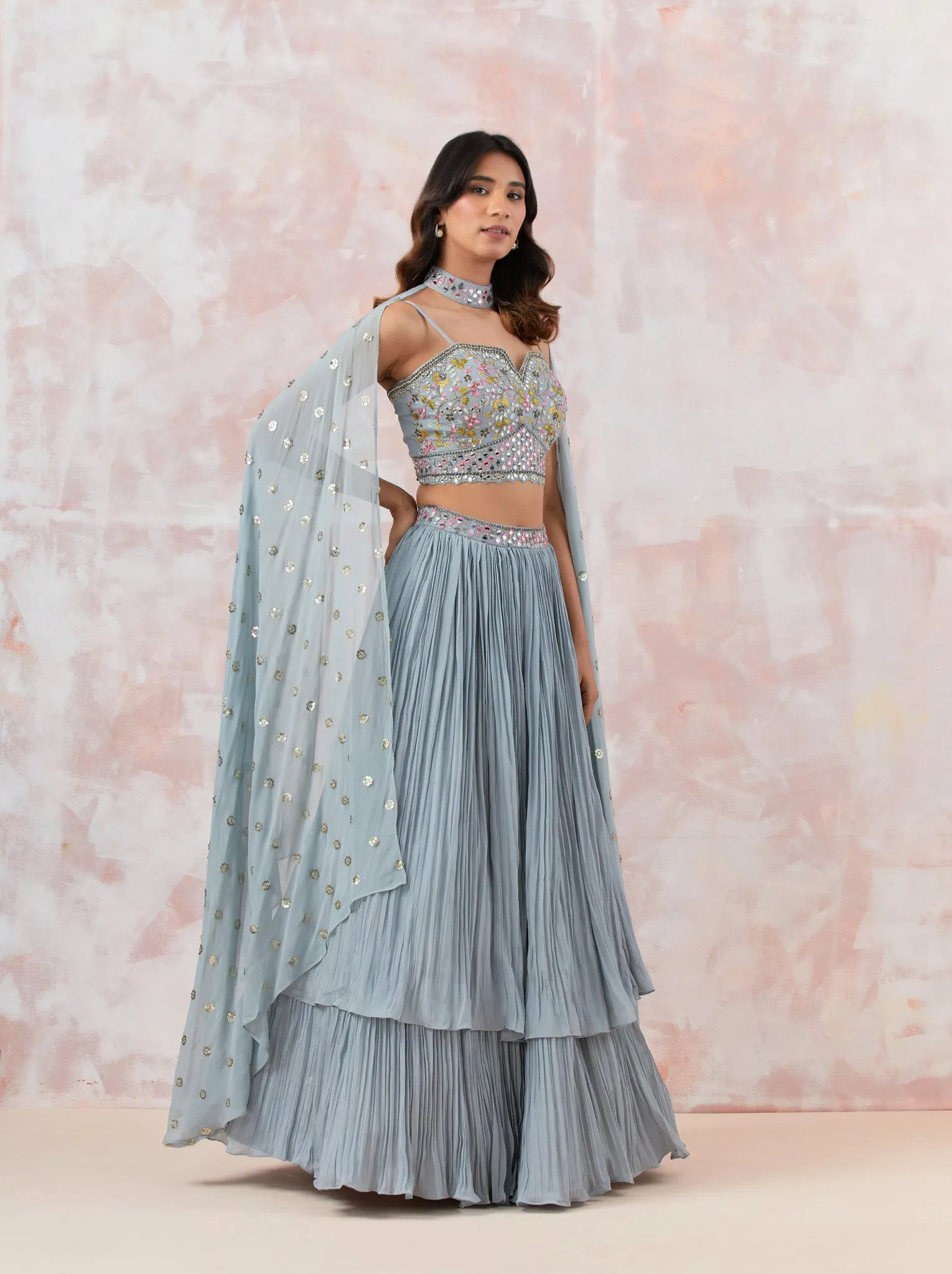 30Z311-NRO Grey Georgette Lehenga Set With Embroidery