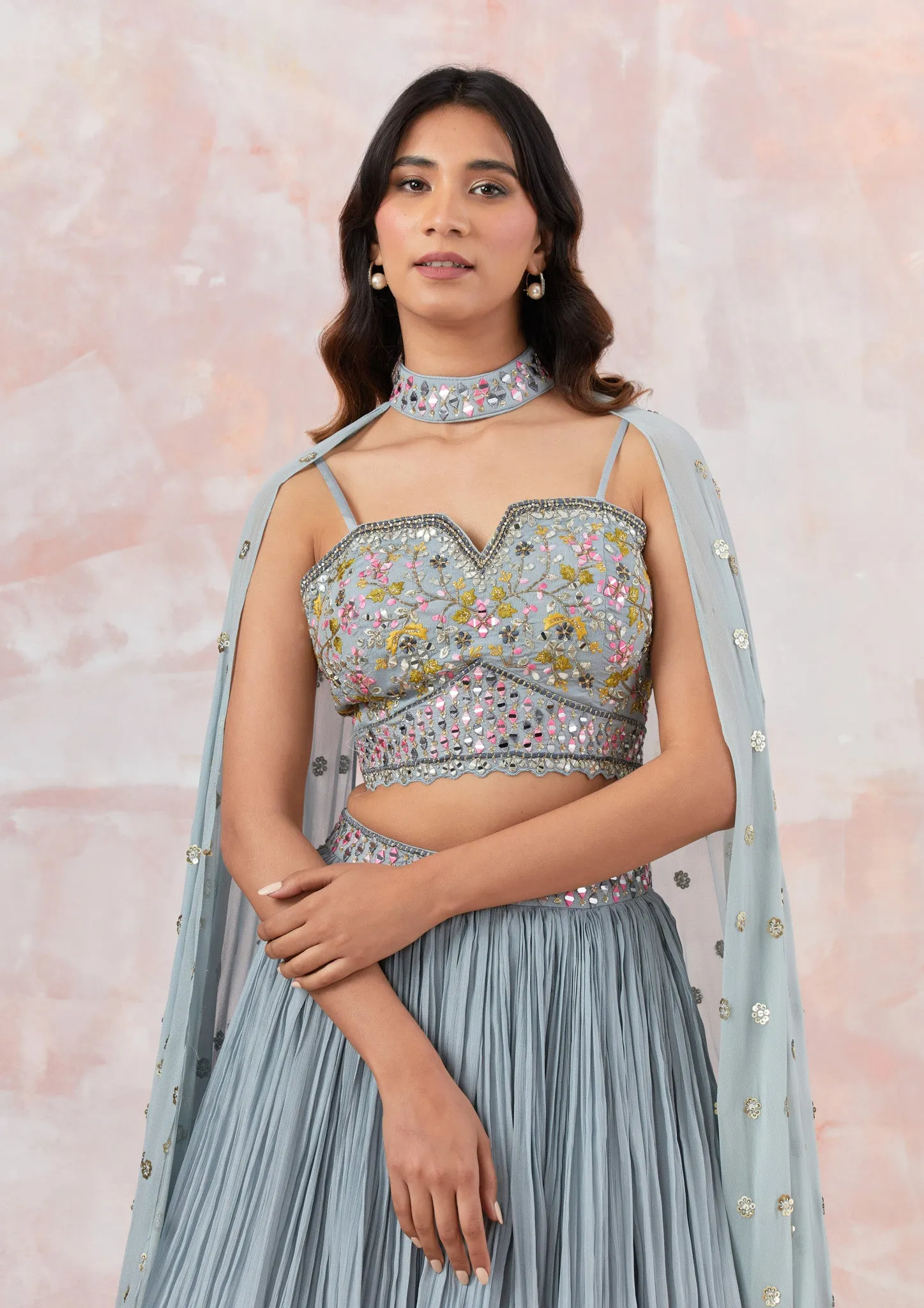 30Z311-NRO Grey Georgette Lehenga Set With Embroidery