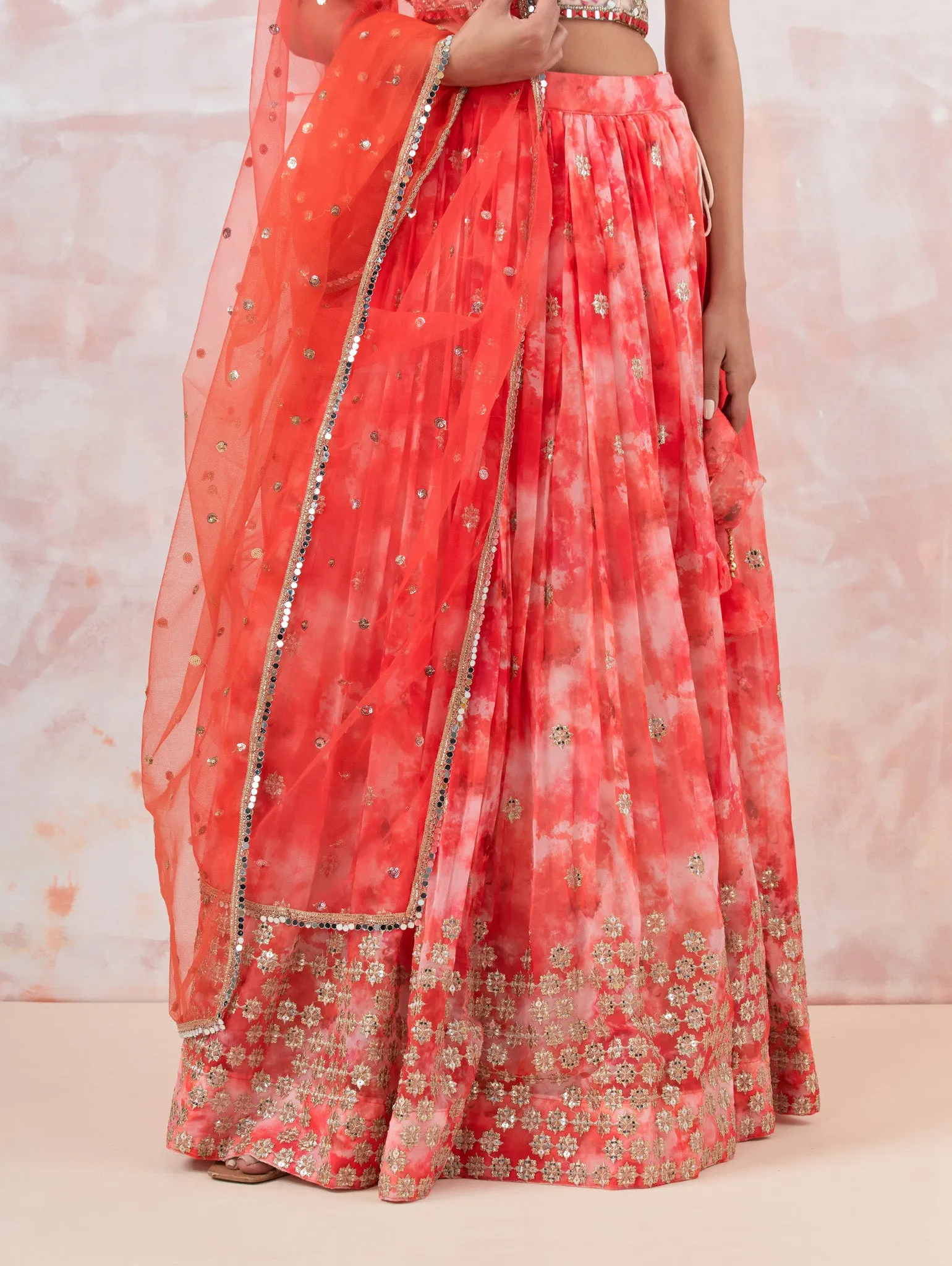 30Z312-RO Pink Tie dye Georgette Lehenga Set With Mirror Work