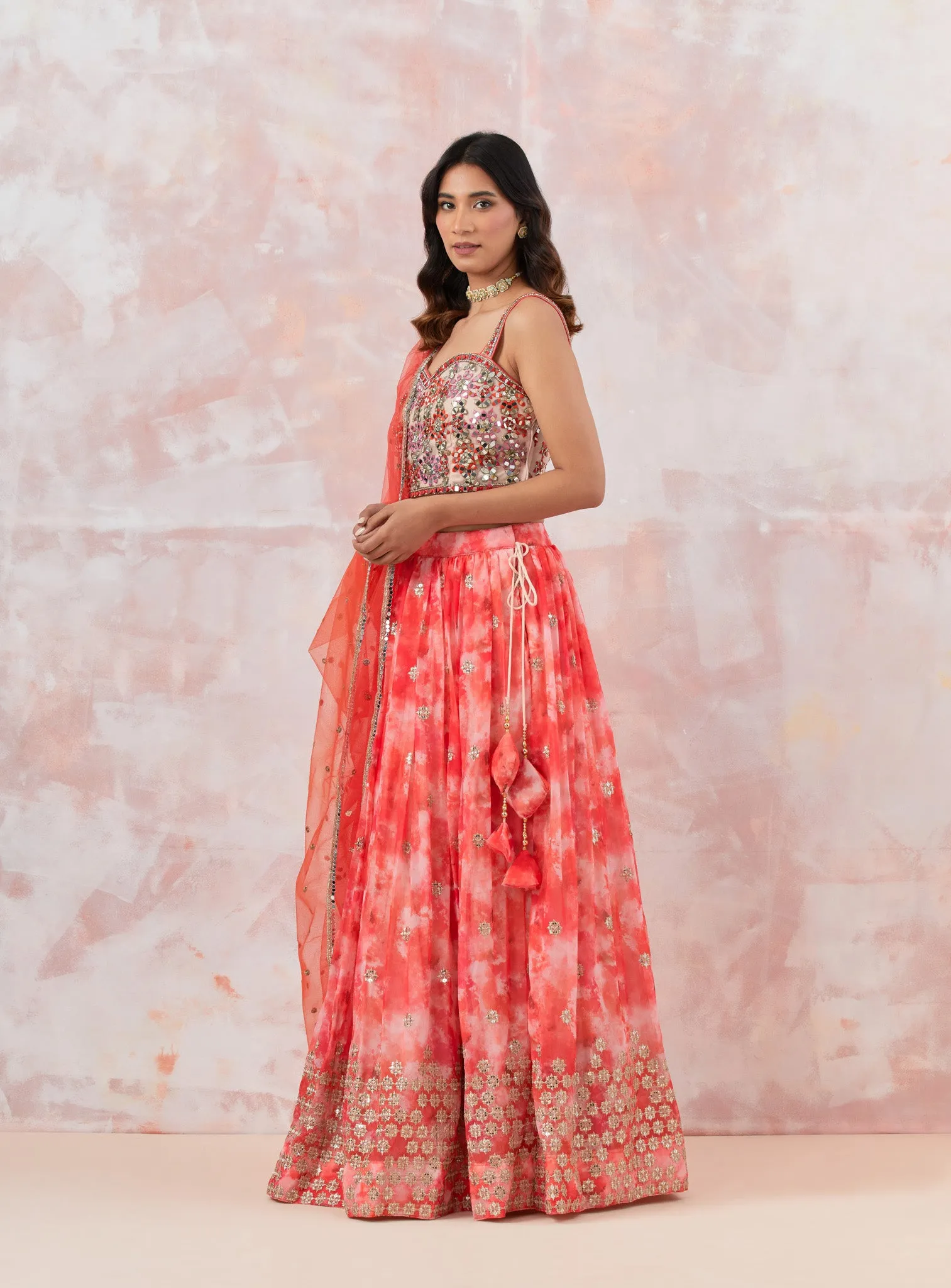 30Z312-RO Pink Tie dye Georgette Lehenga Set With Mirror Work