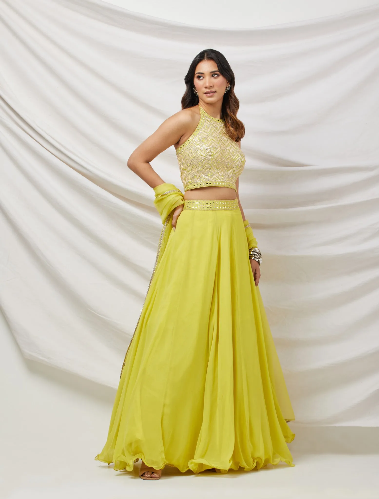 30Z314-RO Lime Green Georgette Lehenga With Gotta Pati Work