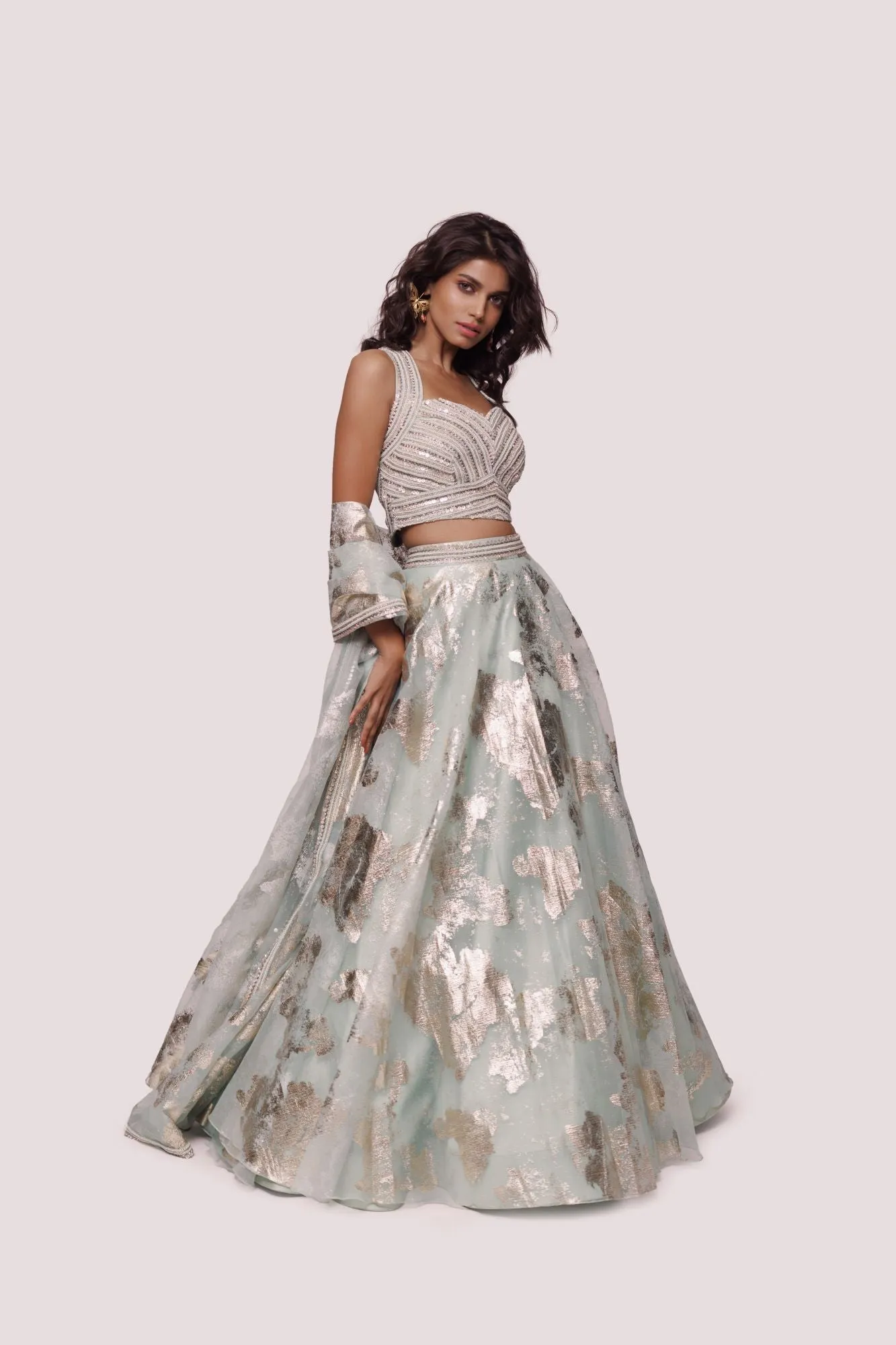 30Z321-RO Mint Green Organza Lehenga Set With Patches