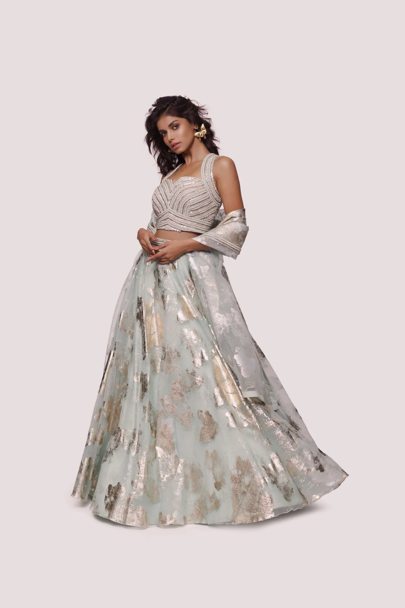 30Z321-RO Mint Green Organza Lehenga Set With Patches