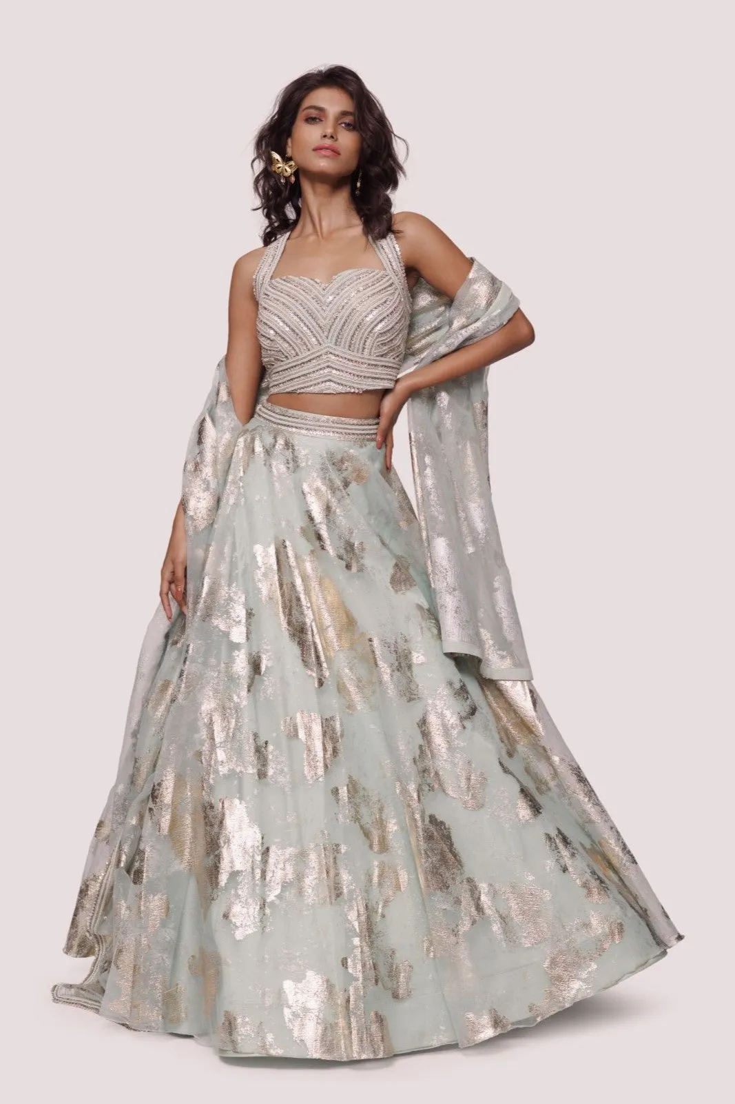 30Z321-RO Mint Green Organza Lehenga Set With Patches