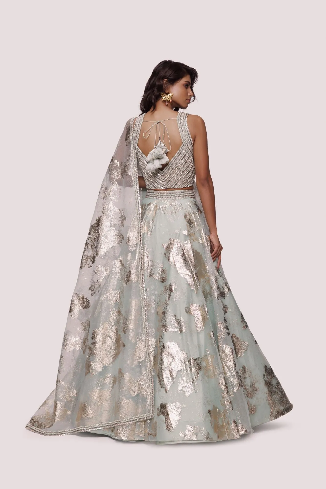 30Z321-RO Mint Green Organza Lehenga Set With Patches