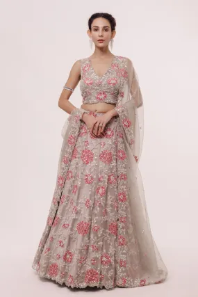 30Z322-RO Grey Organza Lehenga Set With Floral Work