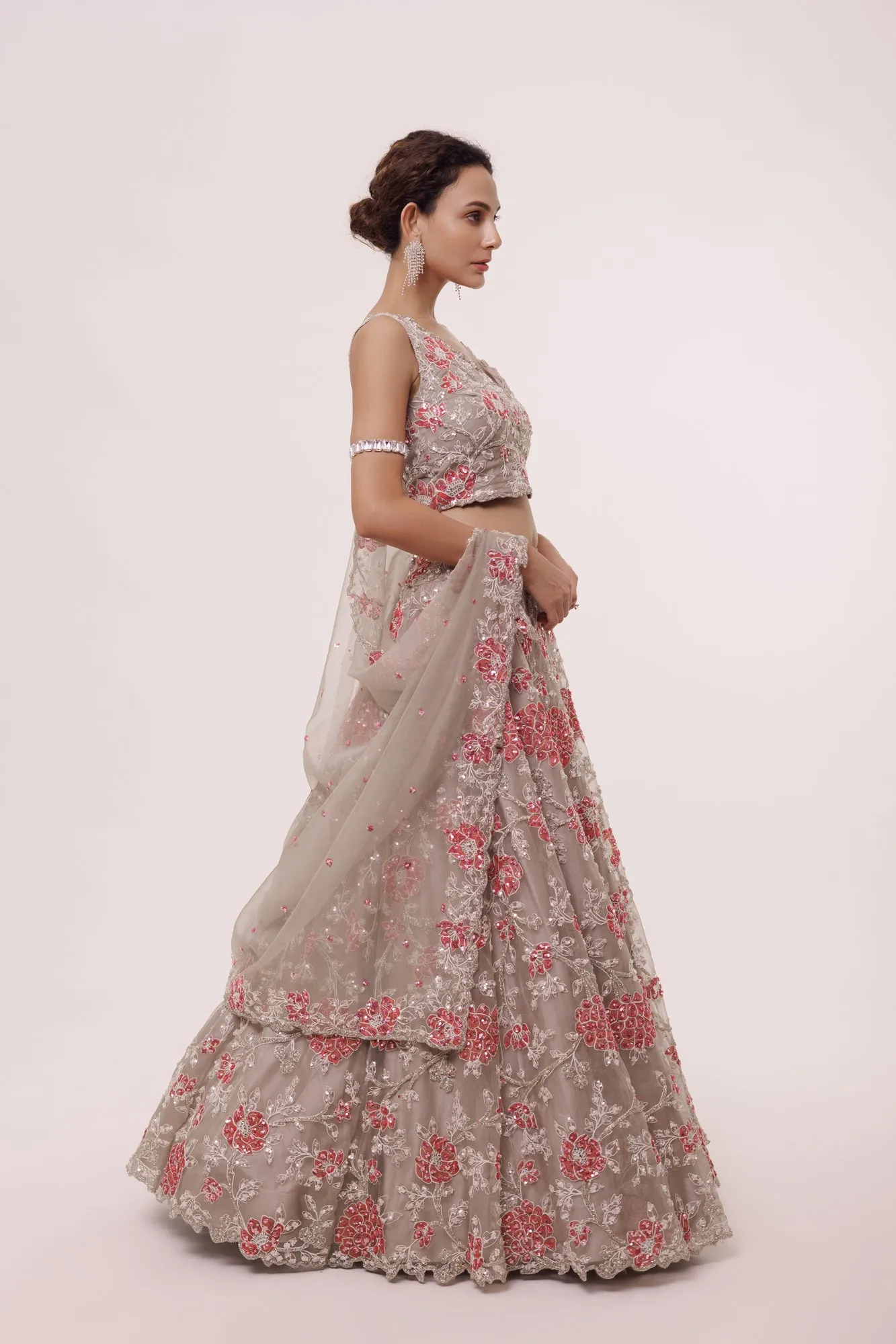 30Z322-RO Grey Organza Lehenga Set With Floral Work