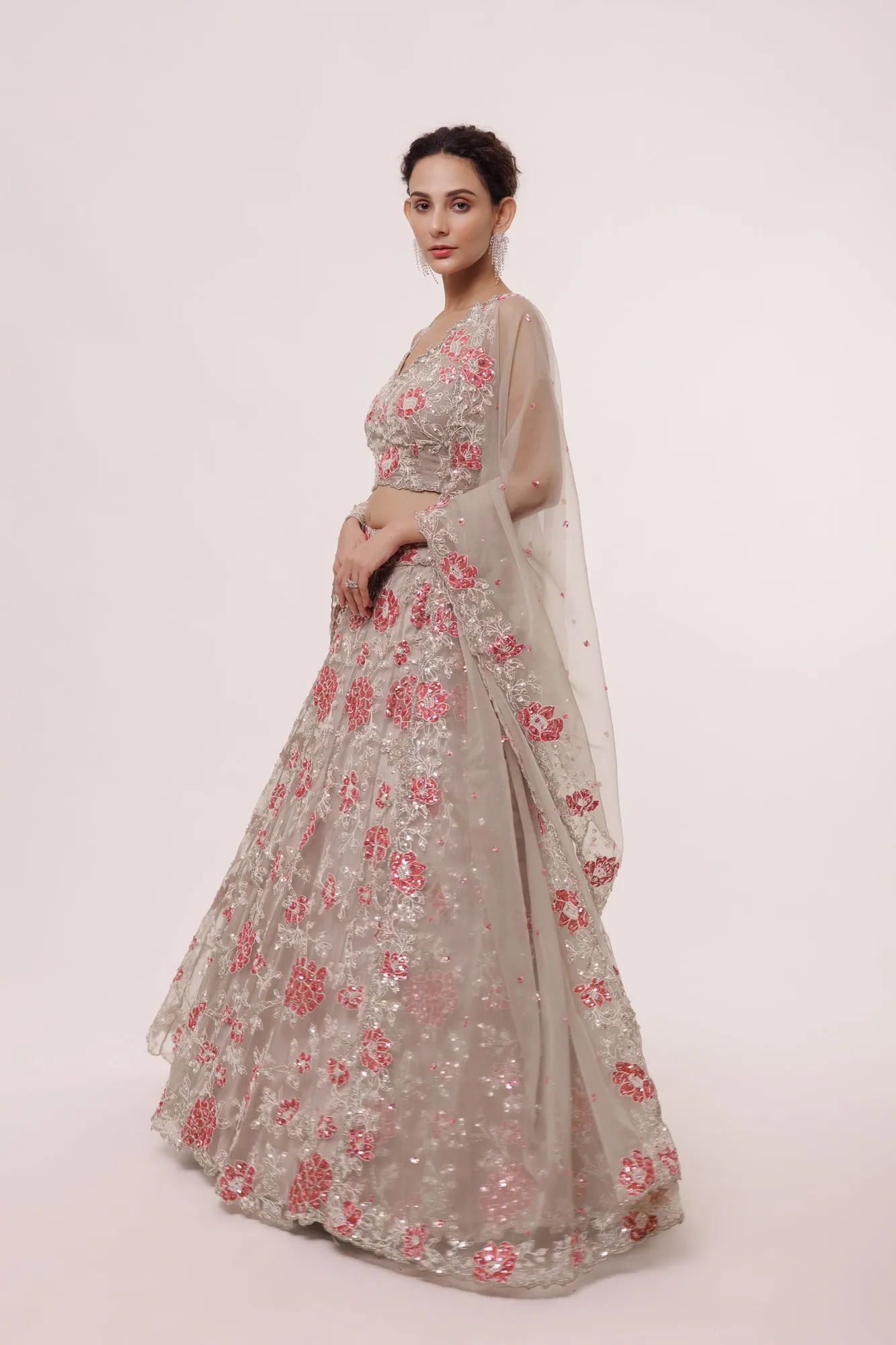 30Z322-RO Grey Organza Lehenga Set With Floral Work