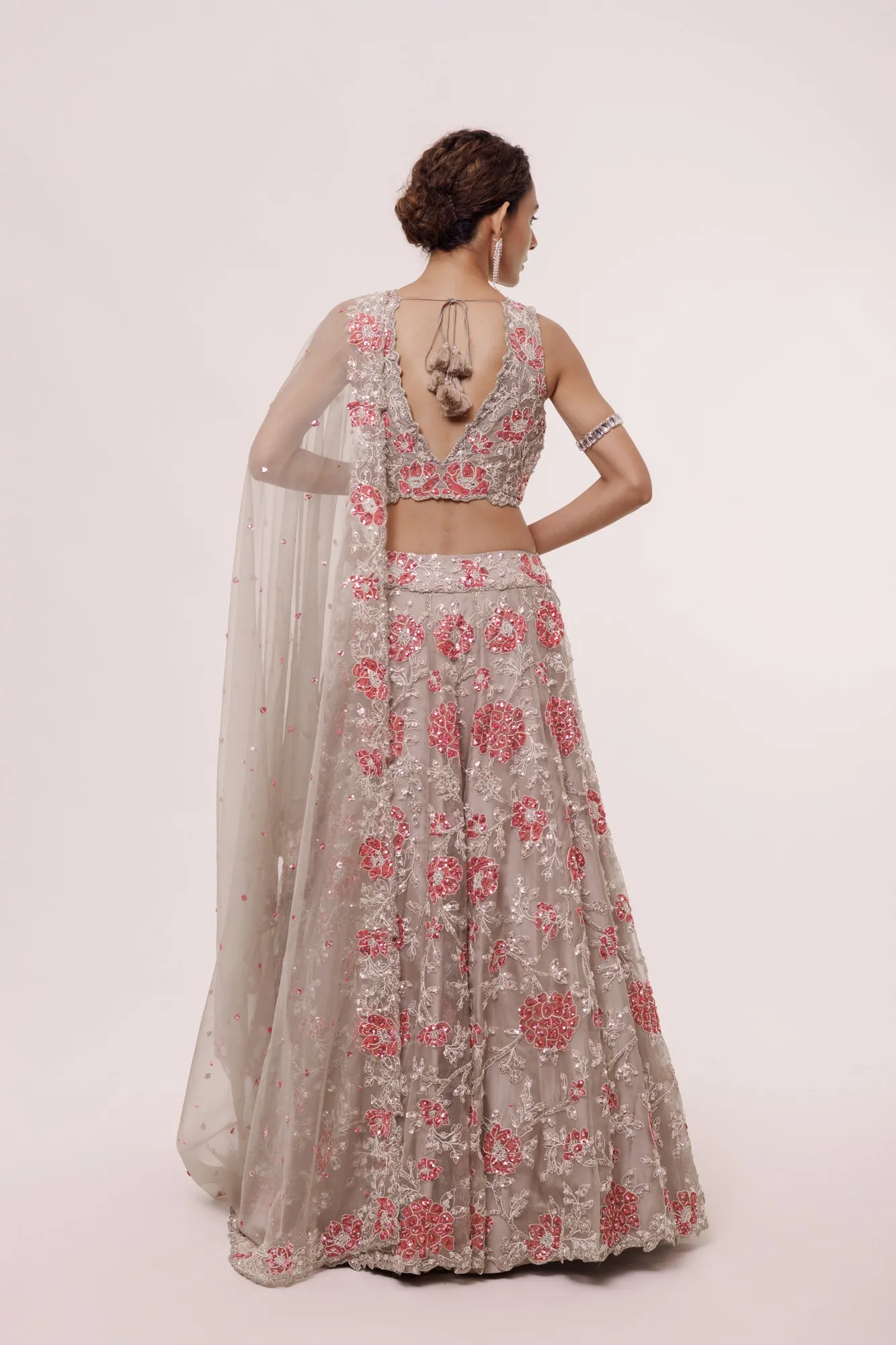 30Z322-RO Grey Organza Lehenga Set With Floral Work