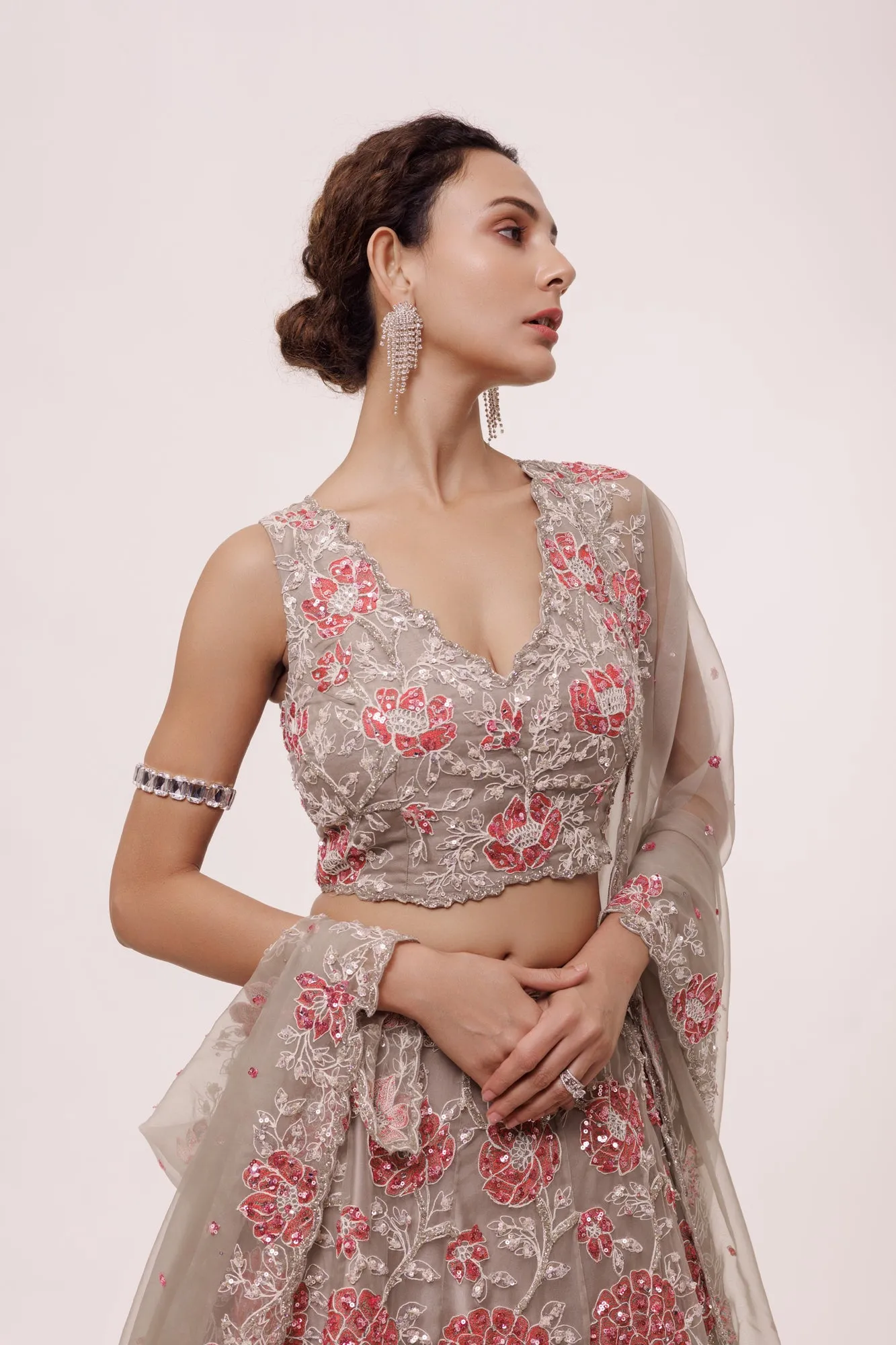 30Z322-RO Grey Organza Lehenga Set With Floral Work