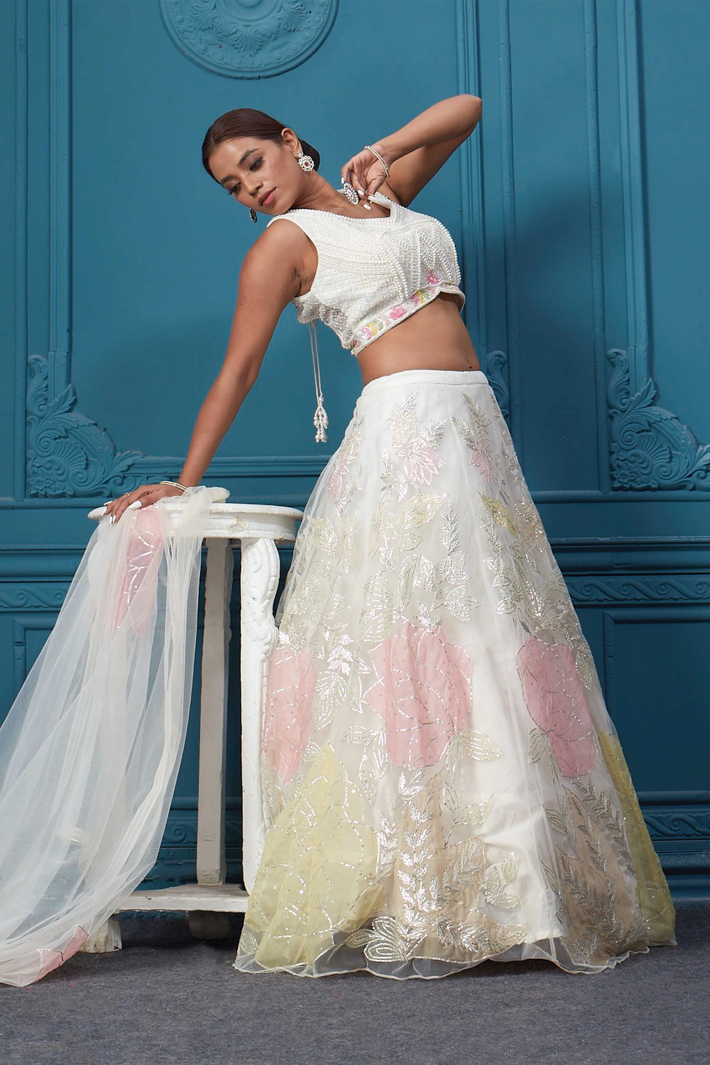 310045 Off White Floral Printed Lehenga With Sleeveless Blouse