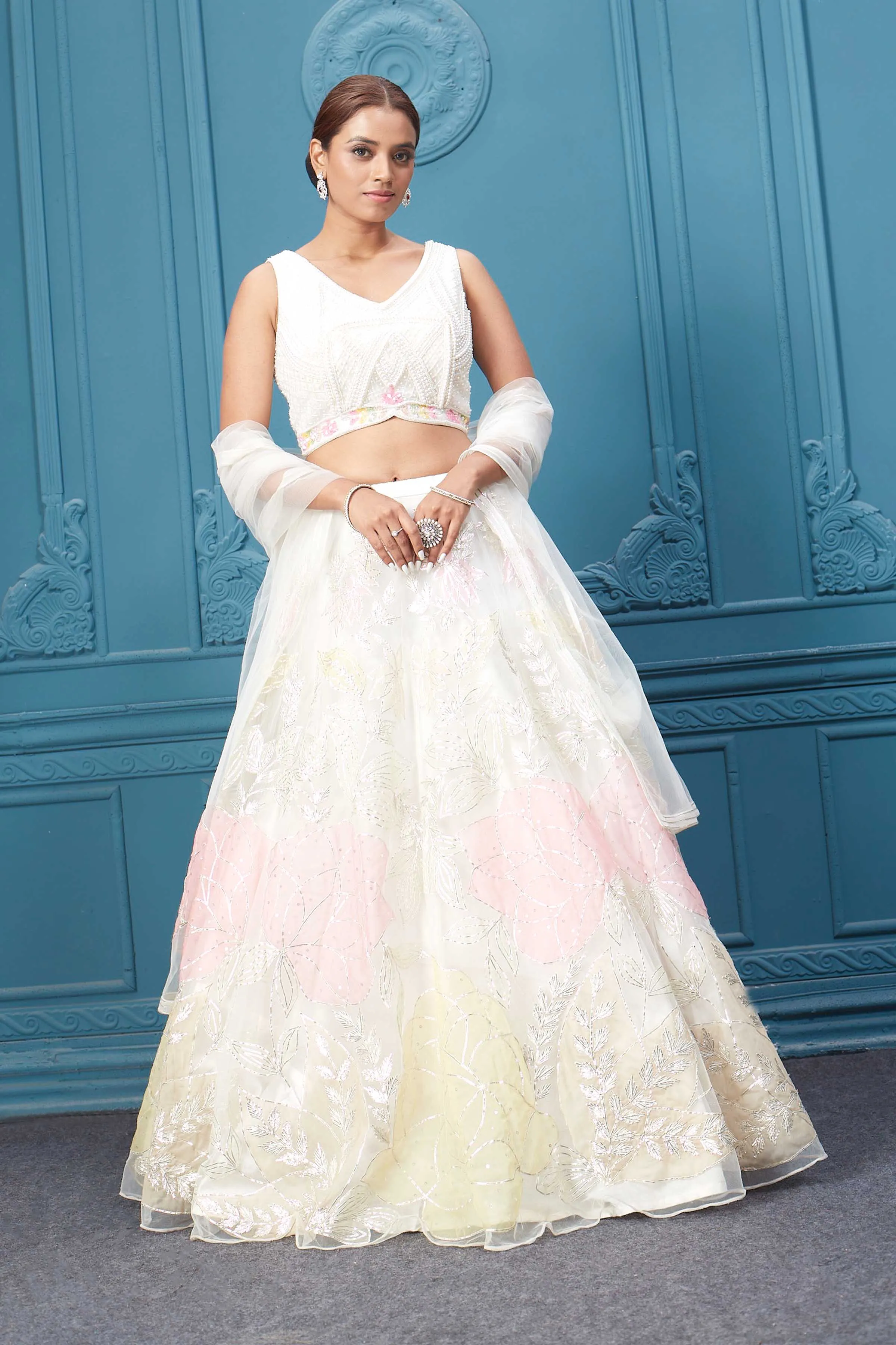 310045 Off White Floral Printed Lehenga With Sleeveless Blouse