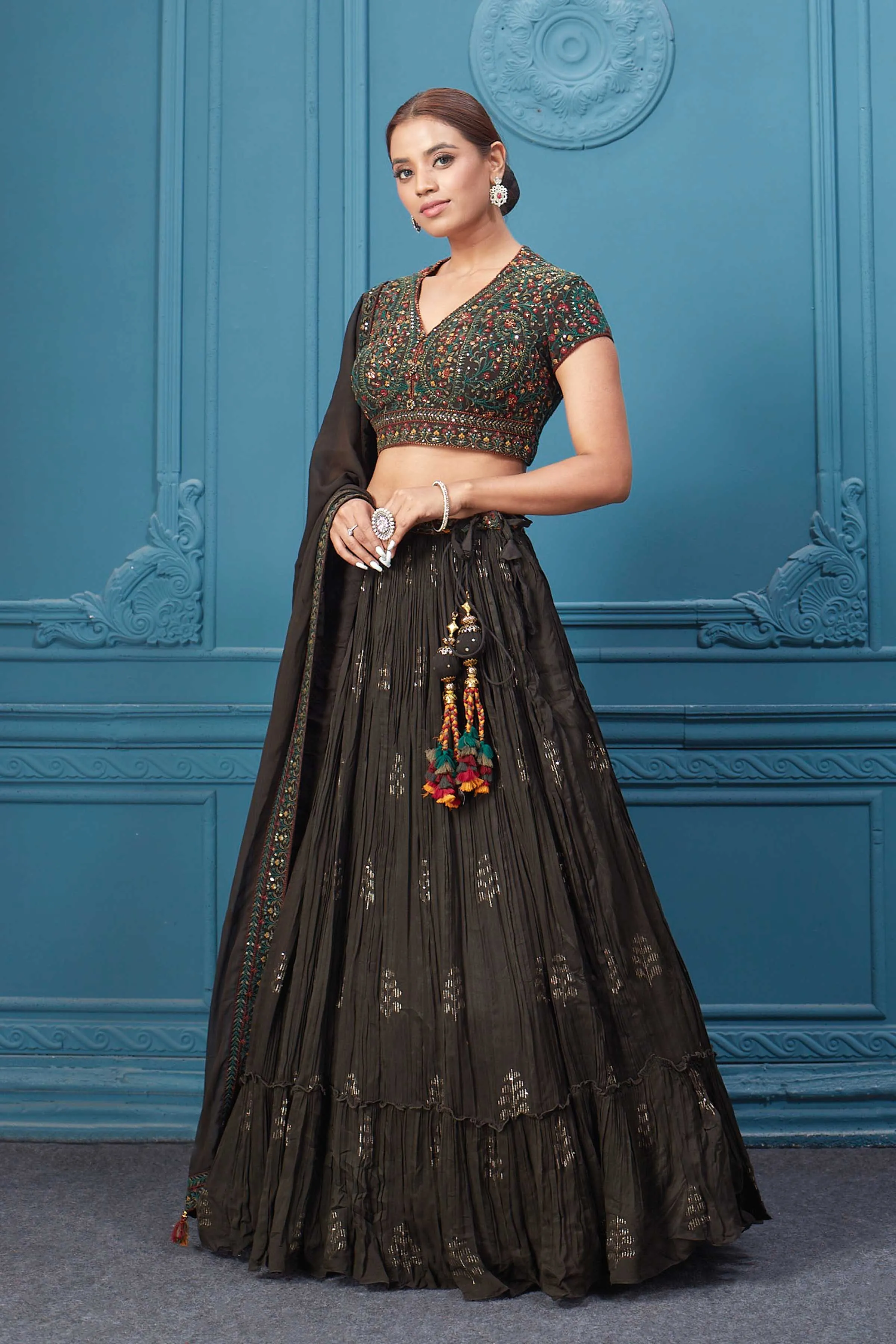 310047 Dark Brown Embroidered Lehenga With Tassels