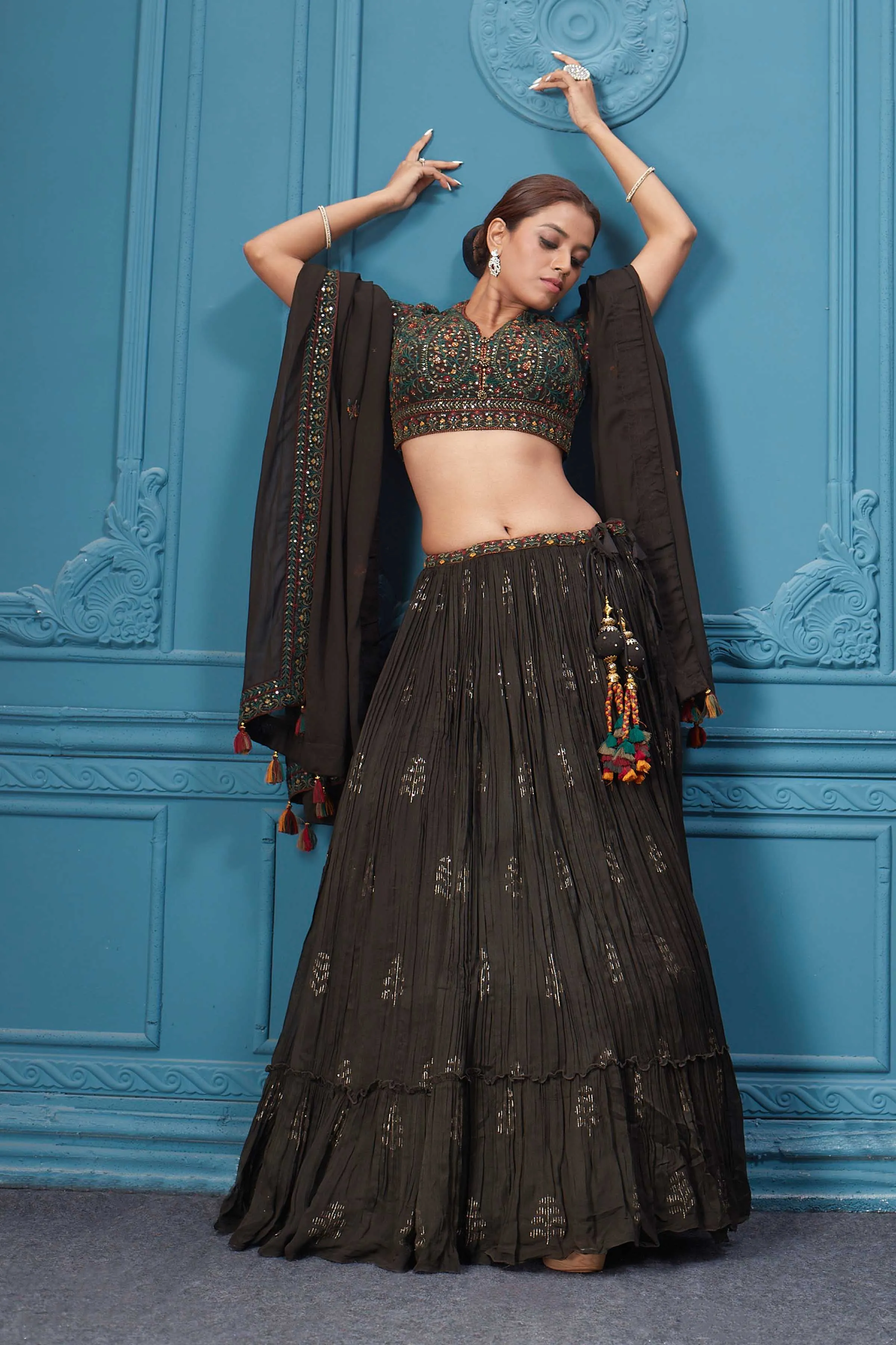 310047 Dark Brown Embroidered Lehenga With Tassels