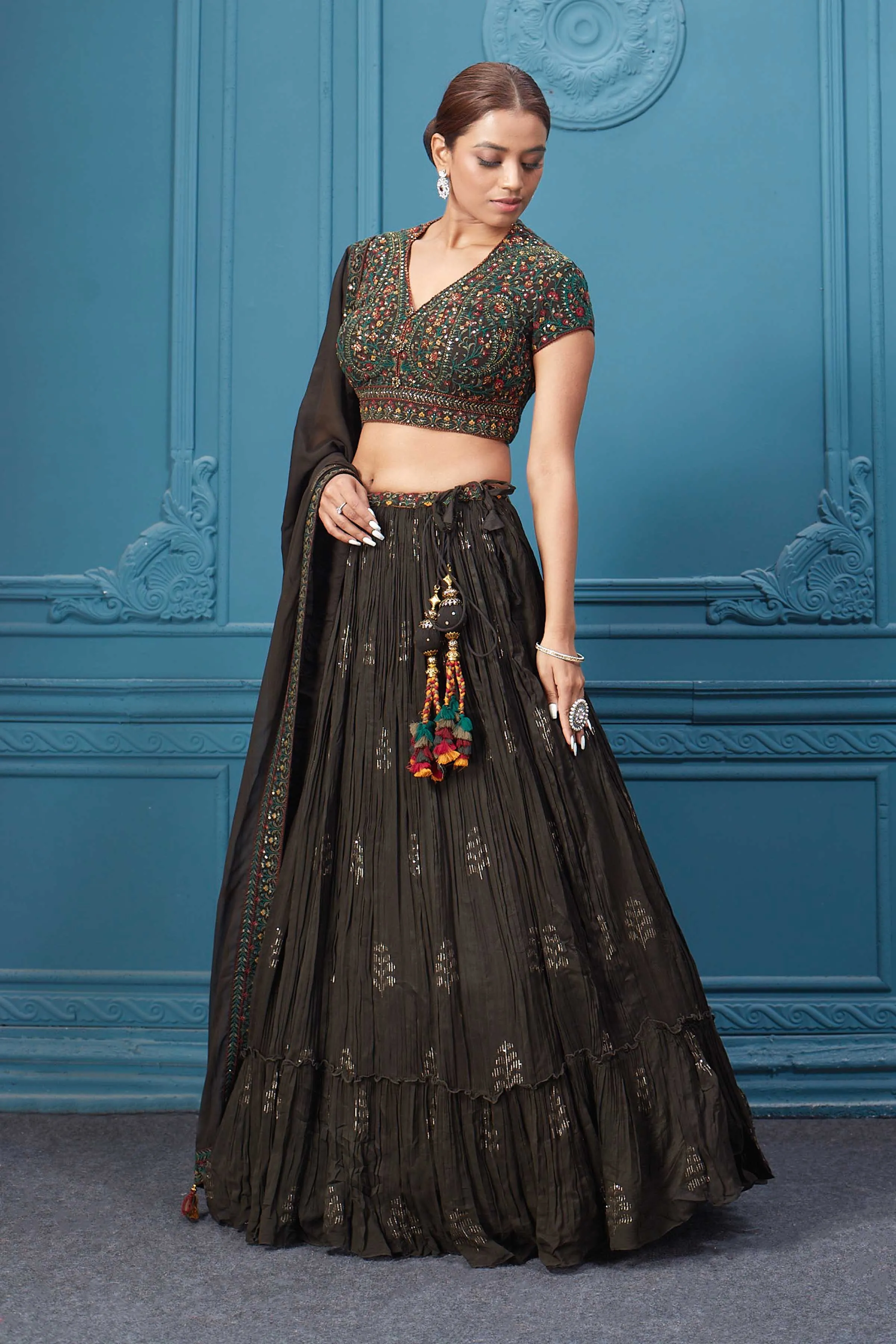 310047 Dark Brown Embroidered Lehenga With Tassels