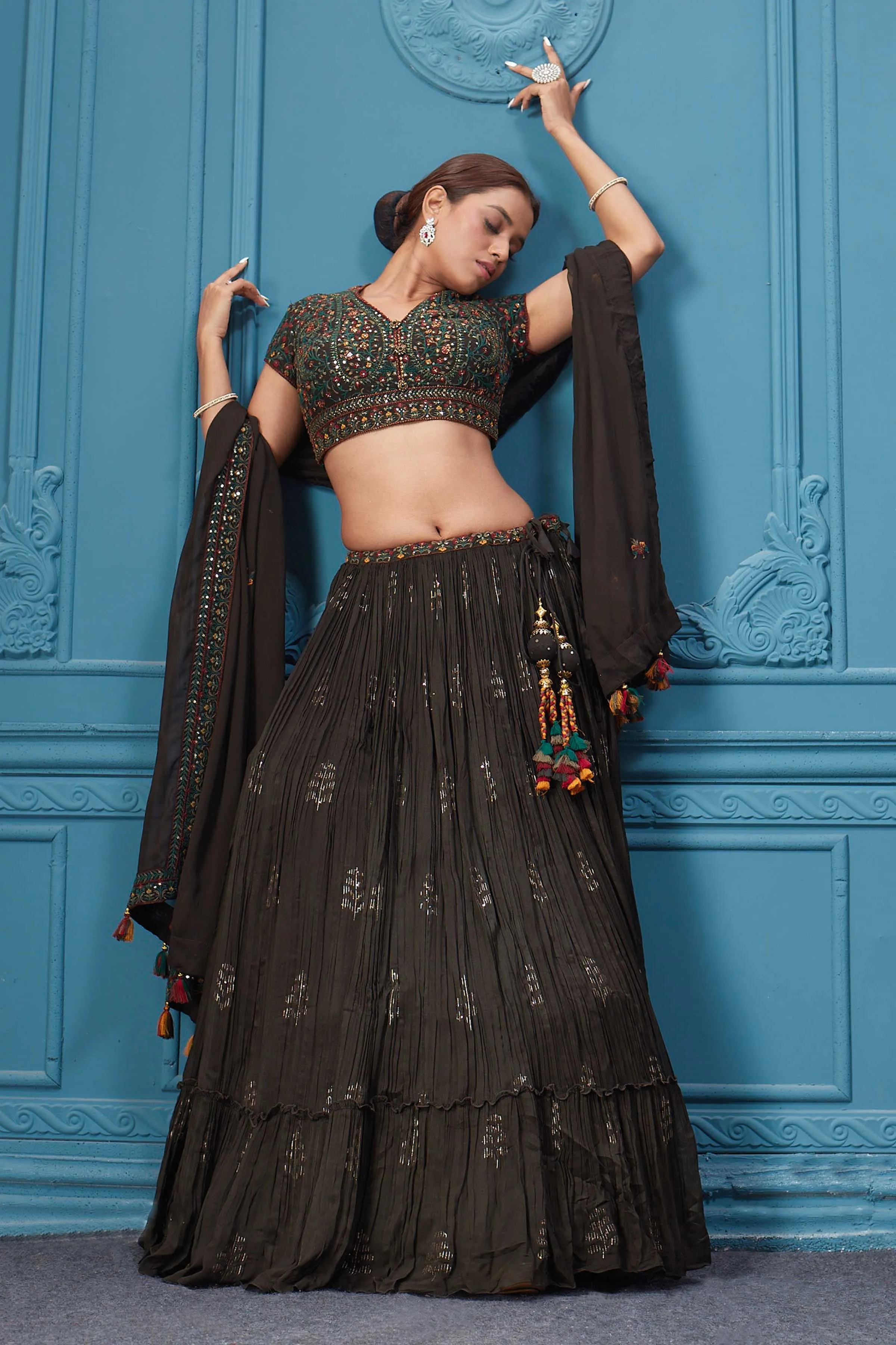 310047 Dark Brown Embroidered Lehenga With Tassels