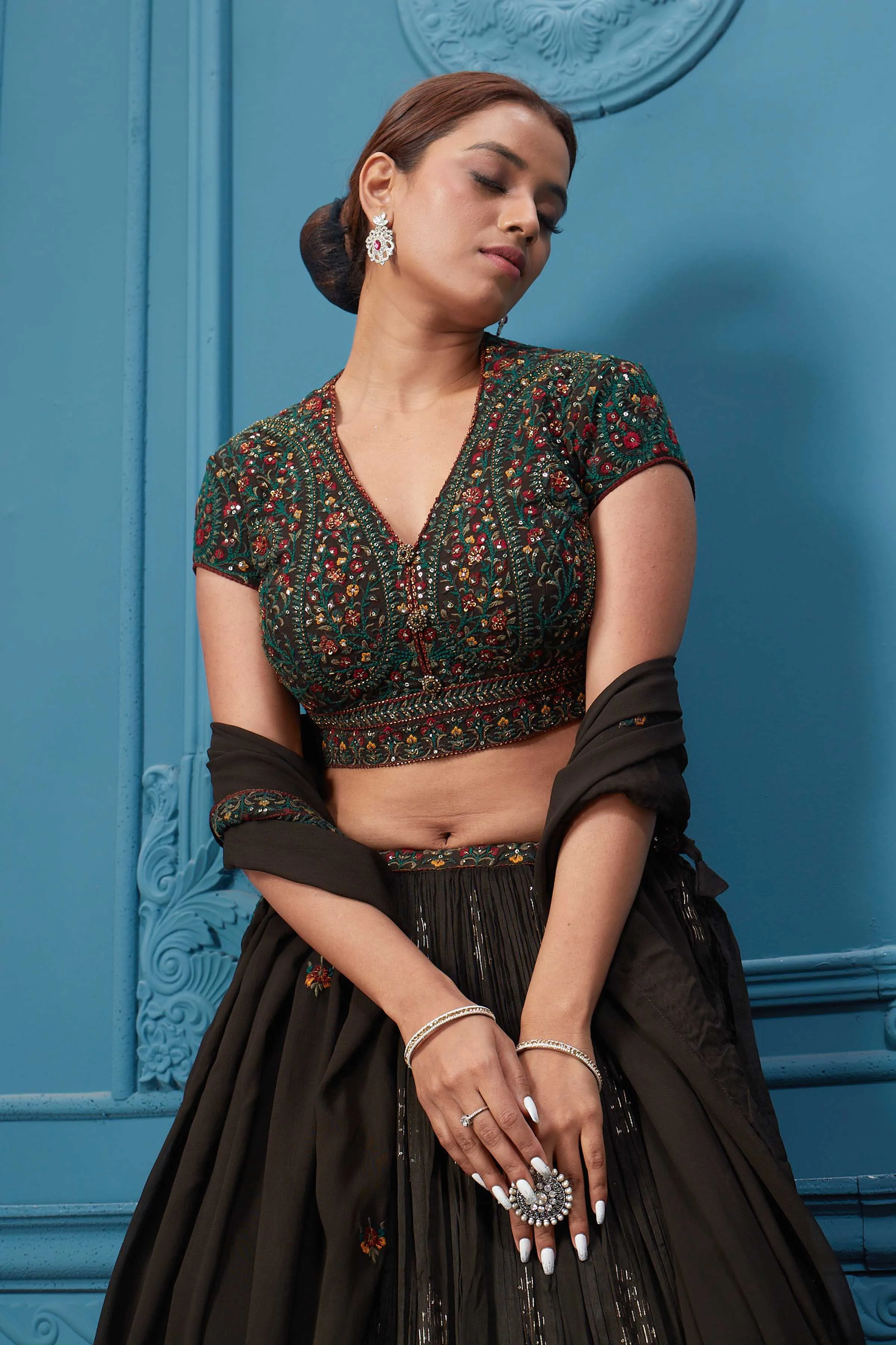 310047 Dark Brown Embroidered Lehenga With Tassels