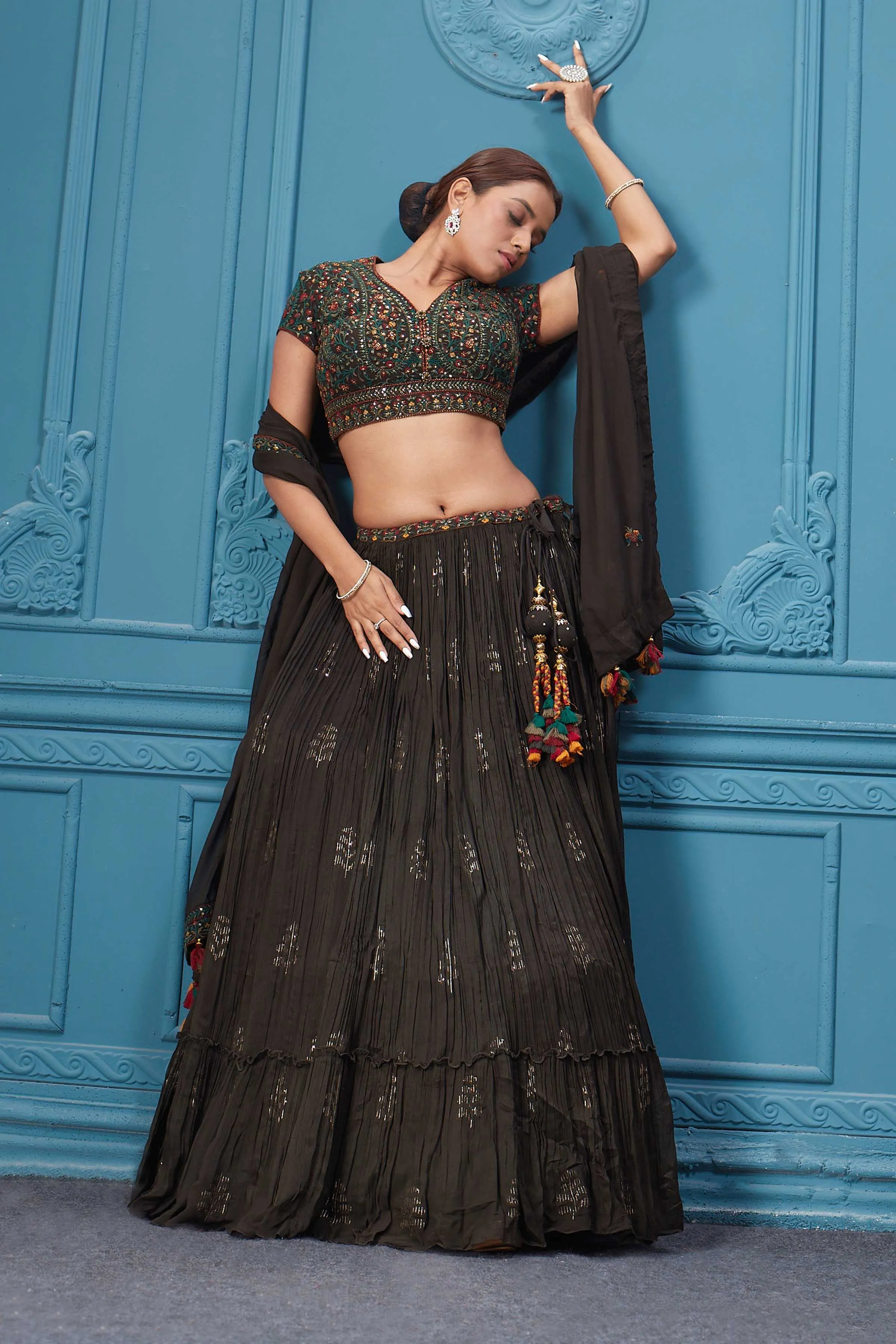 310047 Dark Brown Embroidered Lehenga With Tassels