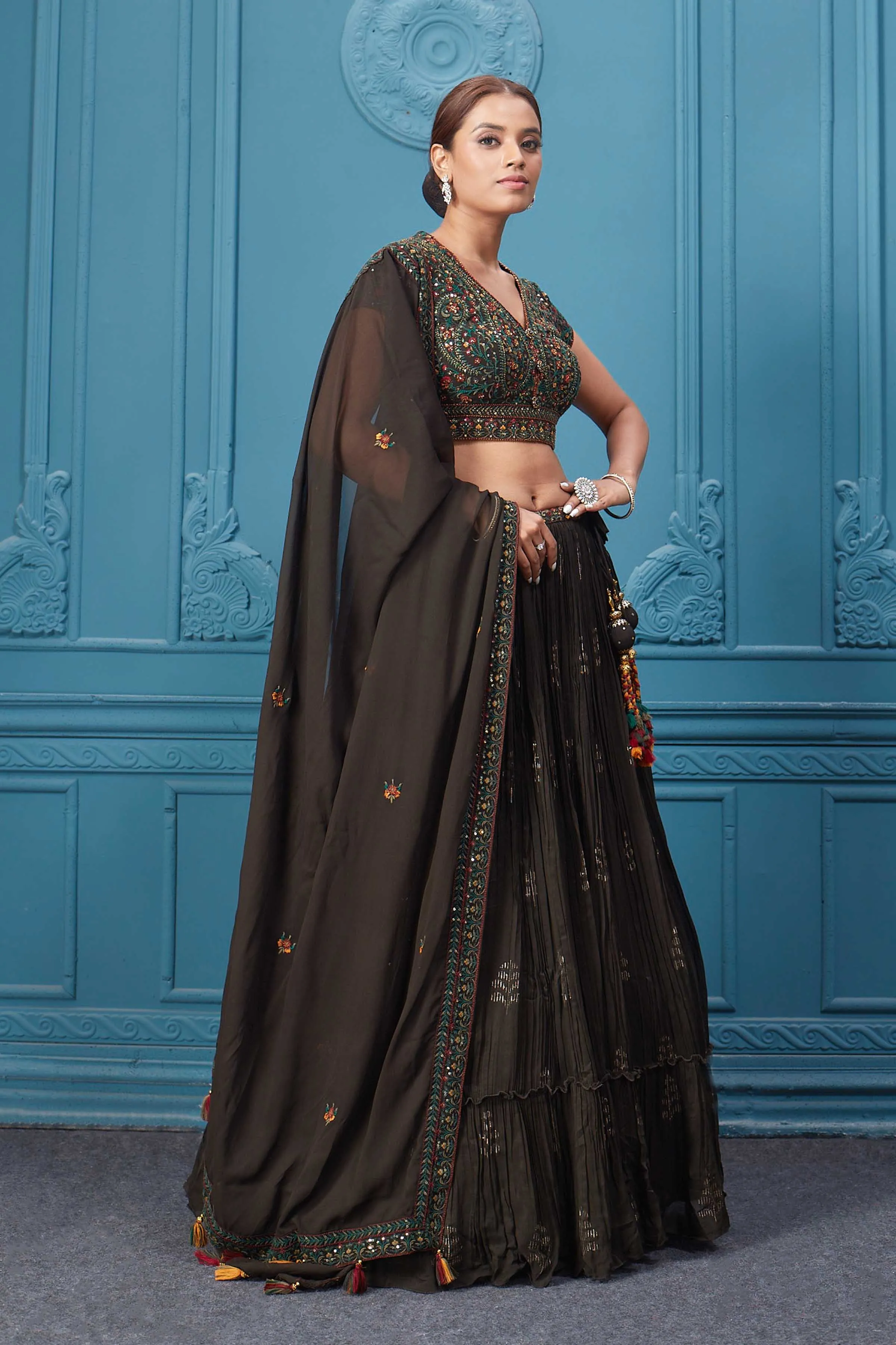 310047 Dark Brown Embroidered Lehenga With Tassels