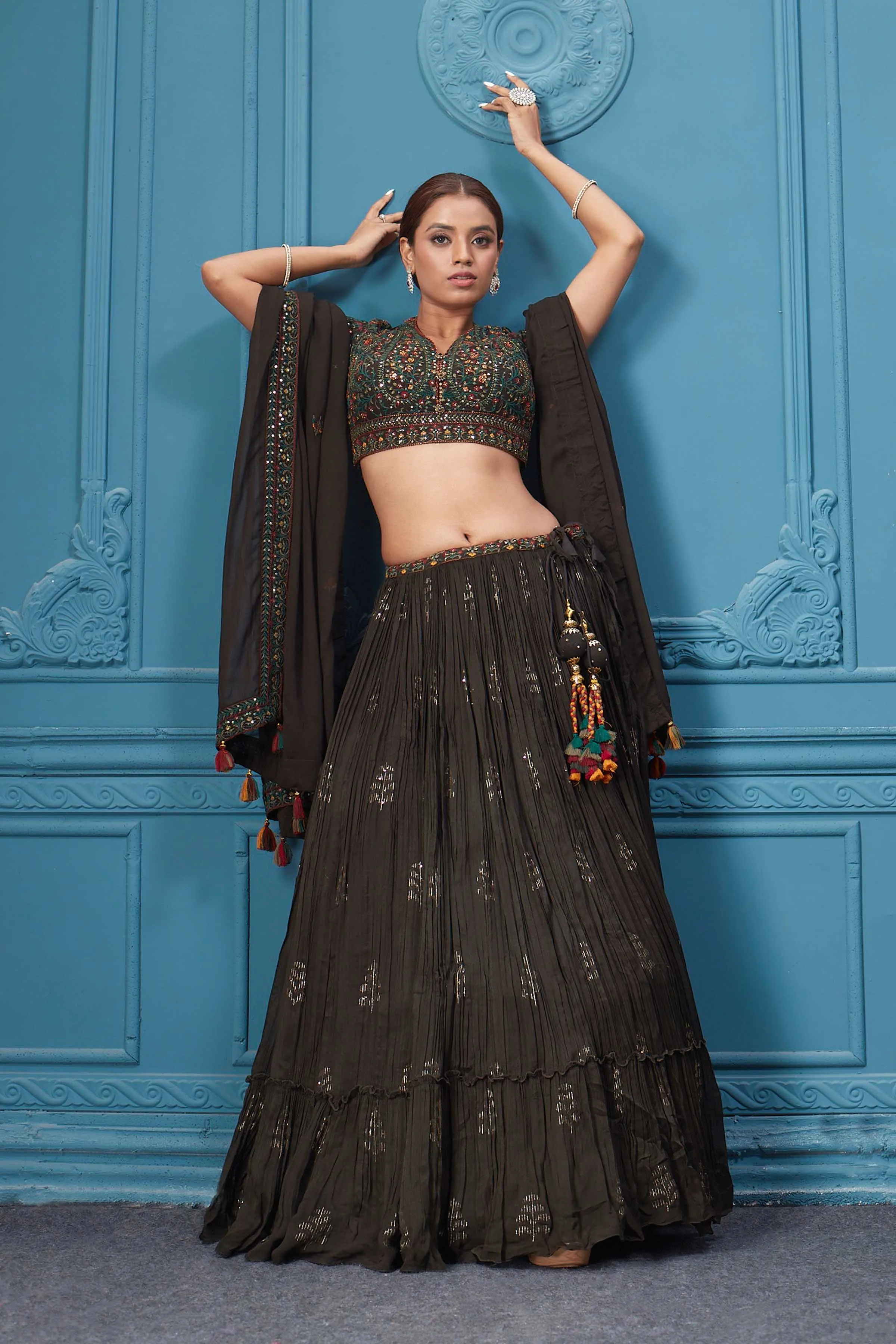 310047 Dark Brown Embroidered Lehenga With Tassels