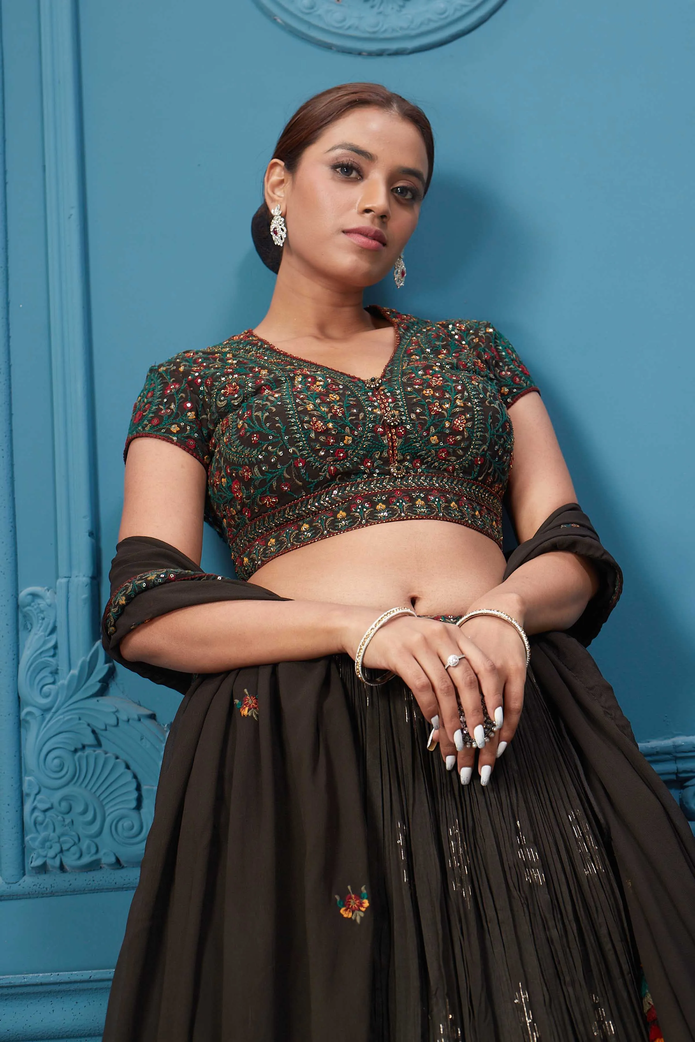 310047 Dark Brown Embroidered Lehenga With Tassels