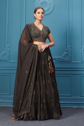 310047 Dark Brown Embroidered Lehenga With Tassels