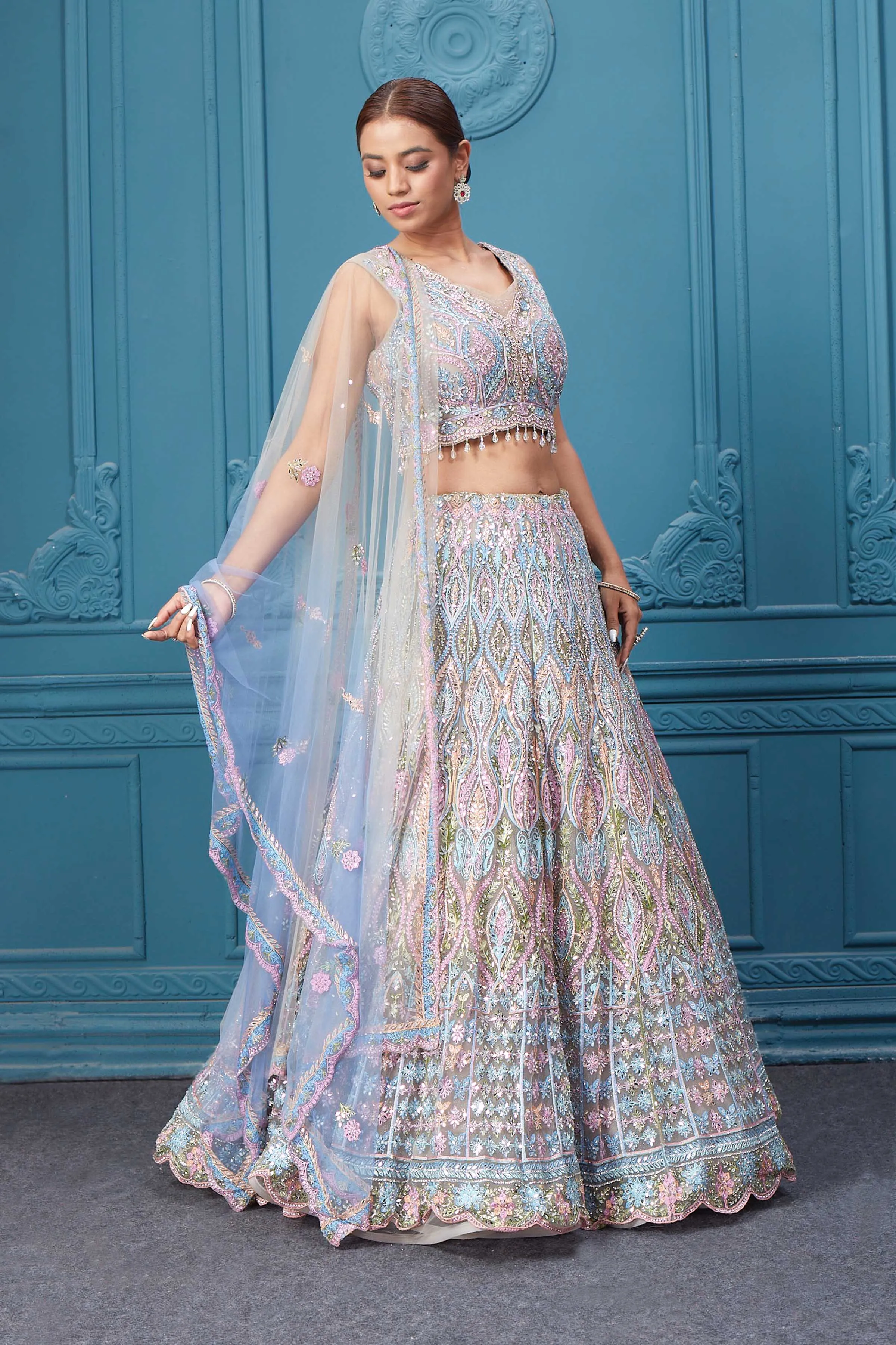 310049 Light Blue & Pink Heavy Embroidered Lehenga with Dupatta