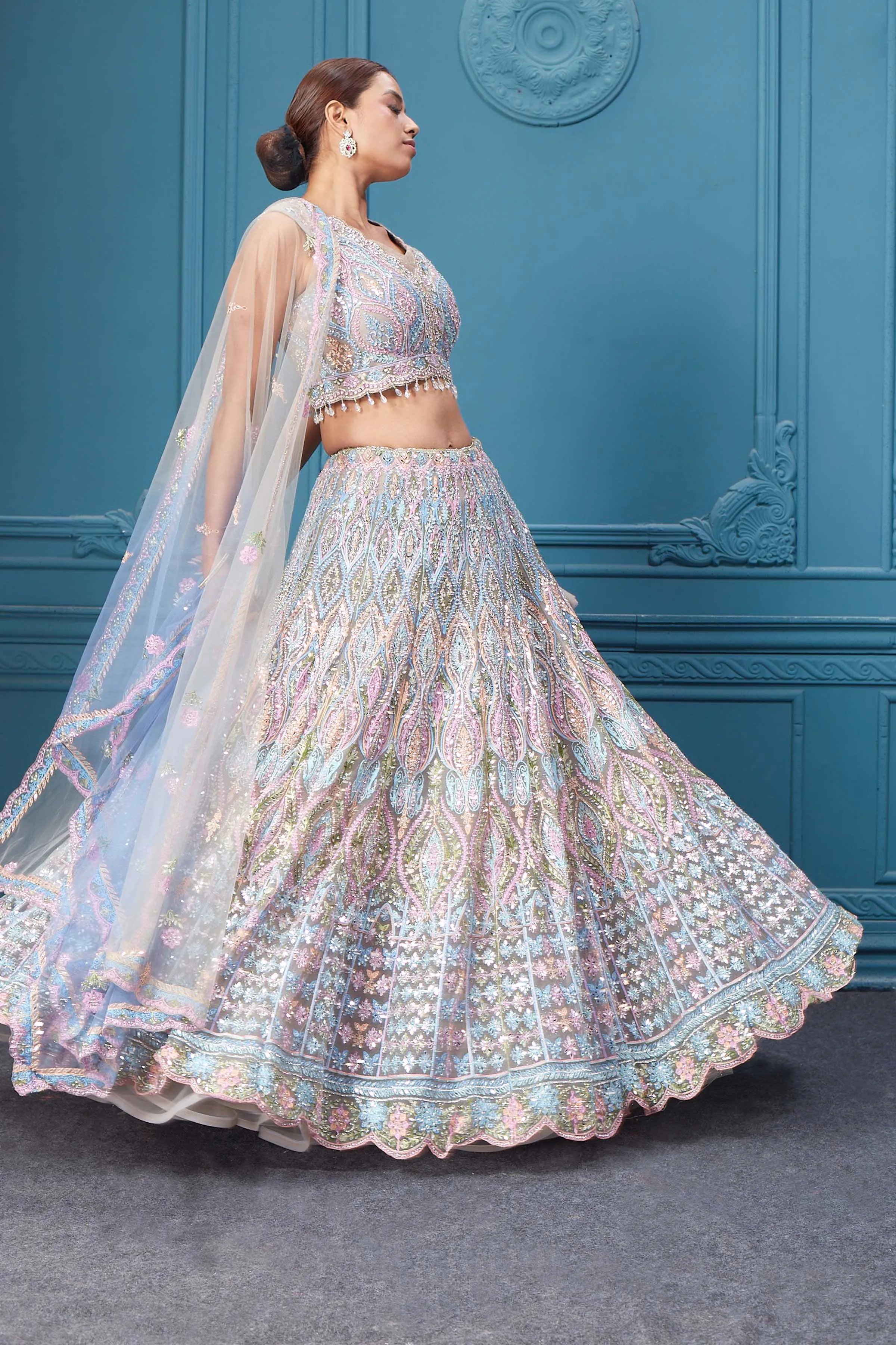 310049 Light Blue & Pink Heavy Embroidered Lehenga with Dupatta