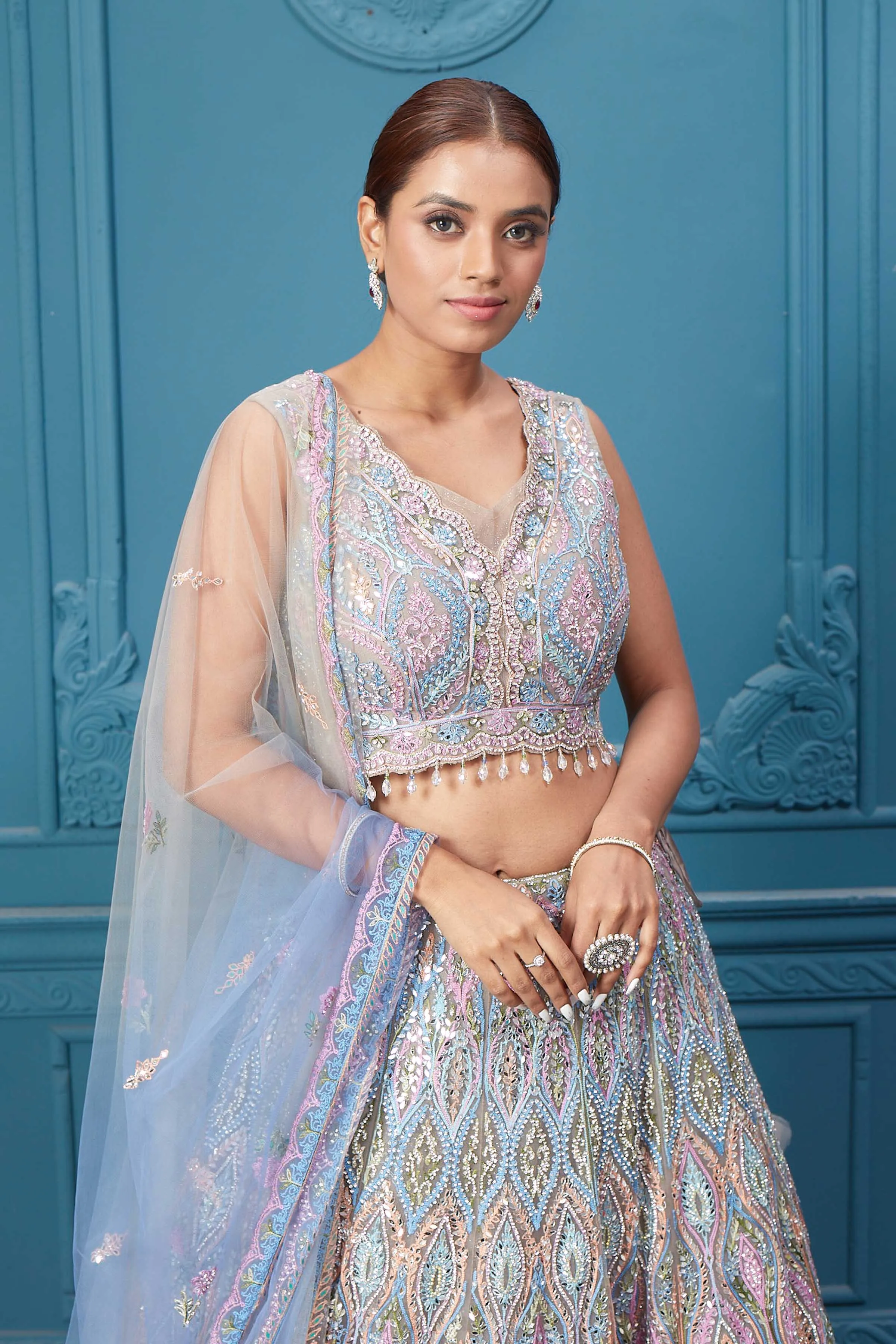 310049 Light Blue & Pink Heavy Embroidered Lehenga with Dupatta