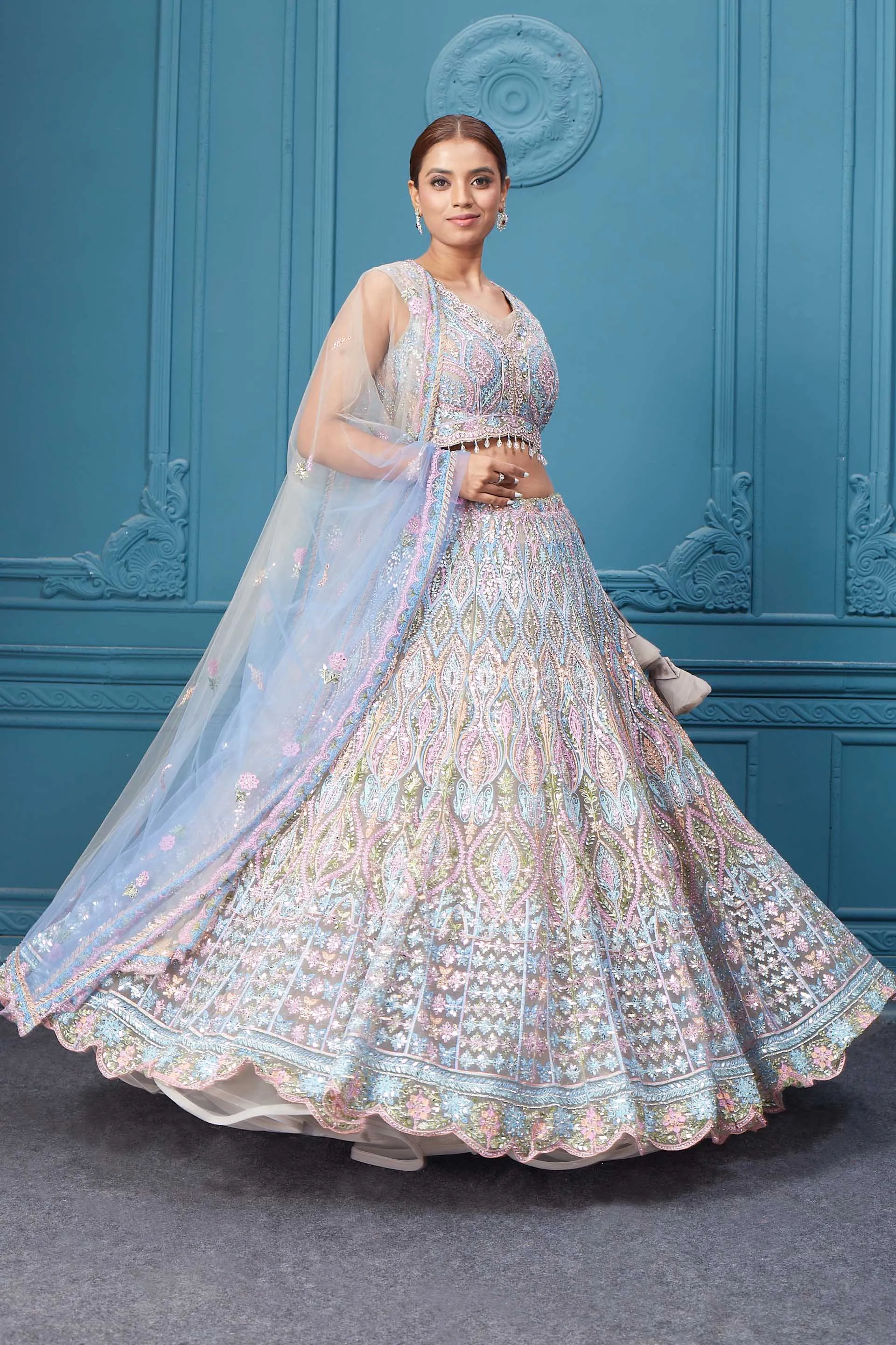 310049 Light Blue & Pink Heavy Embroidered Lehenga with Dupatta