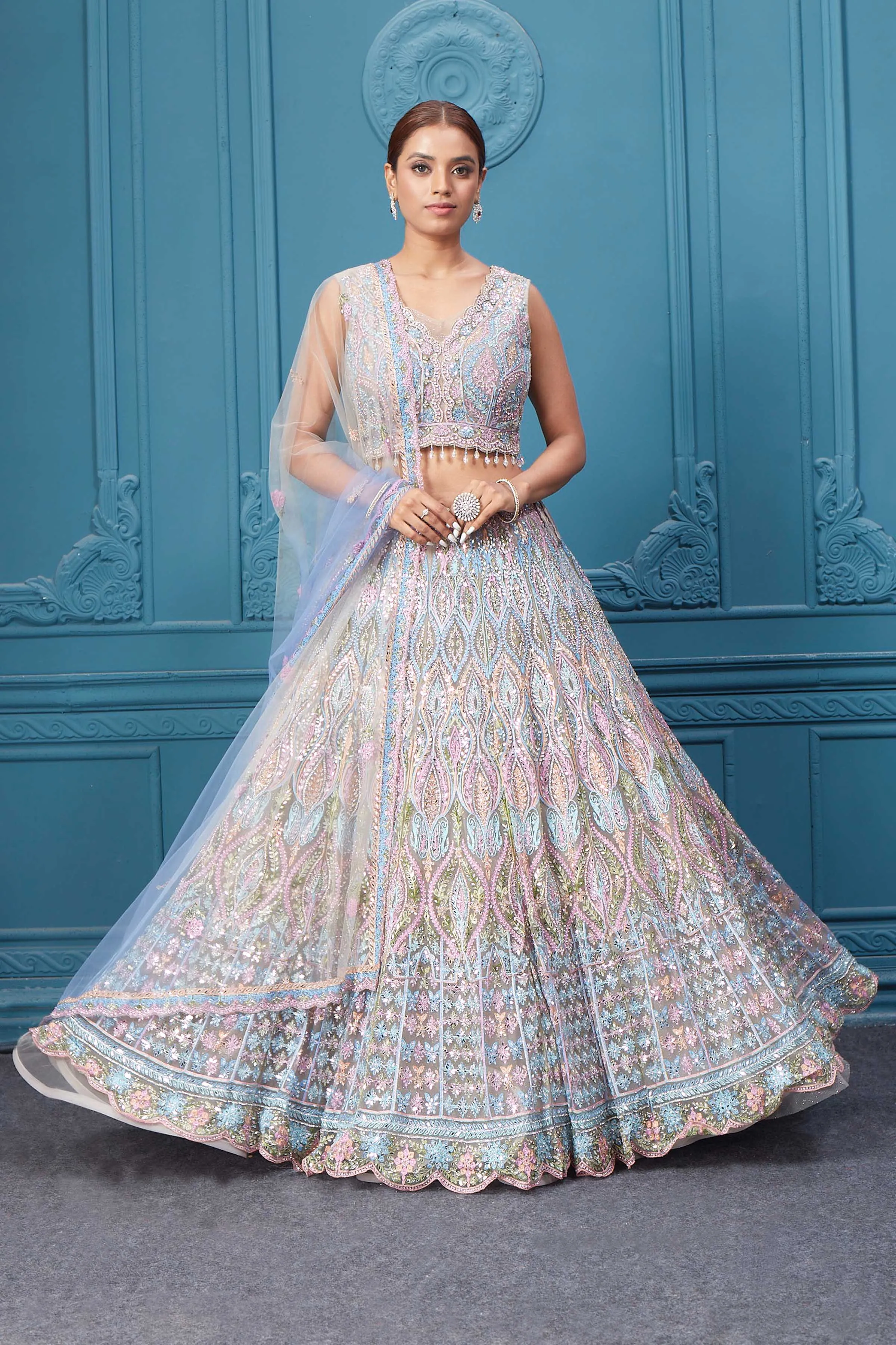 310049 Light Blue & Pink Heavy Embroidered Lehenga with Dupatta