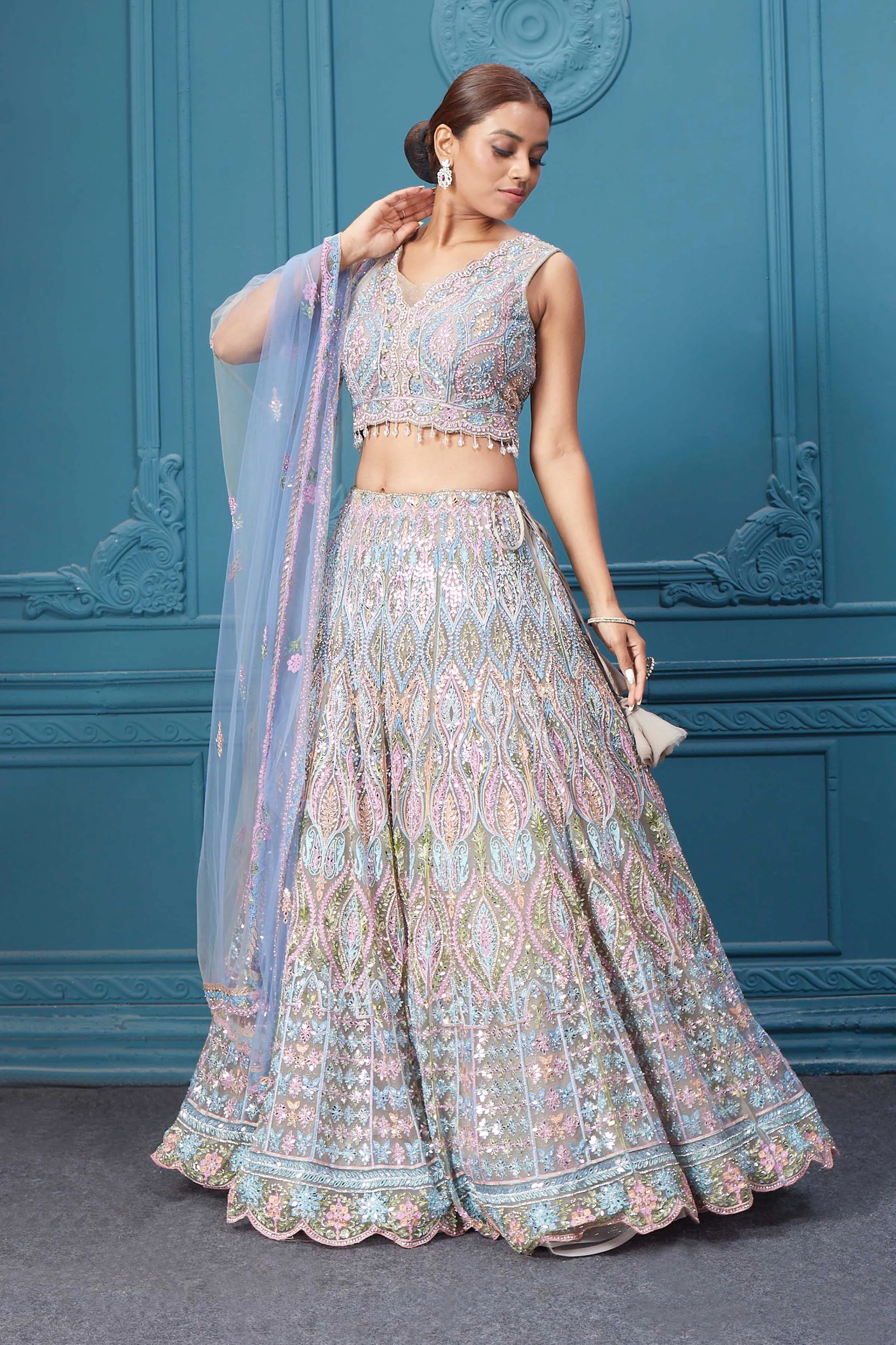 310049 Light Blue & Pink Heavy Embroidered Lehenga with Dupatta