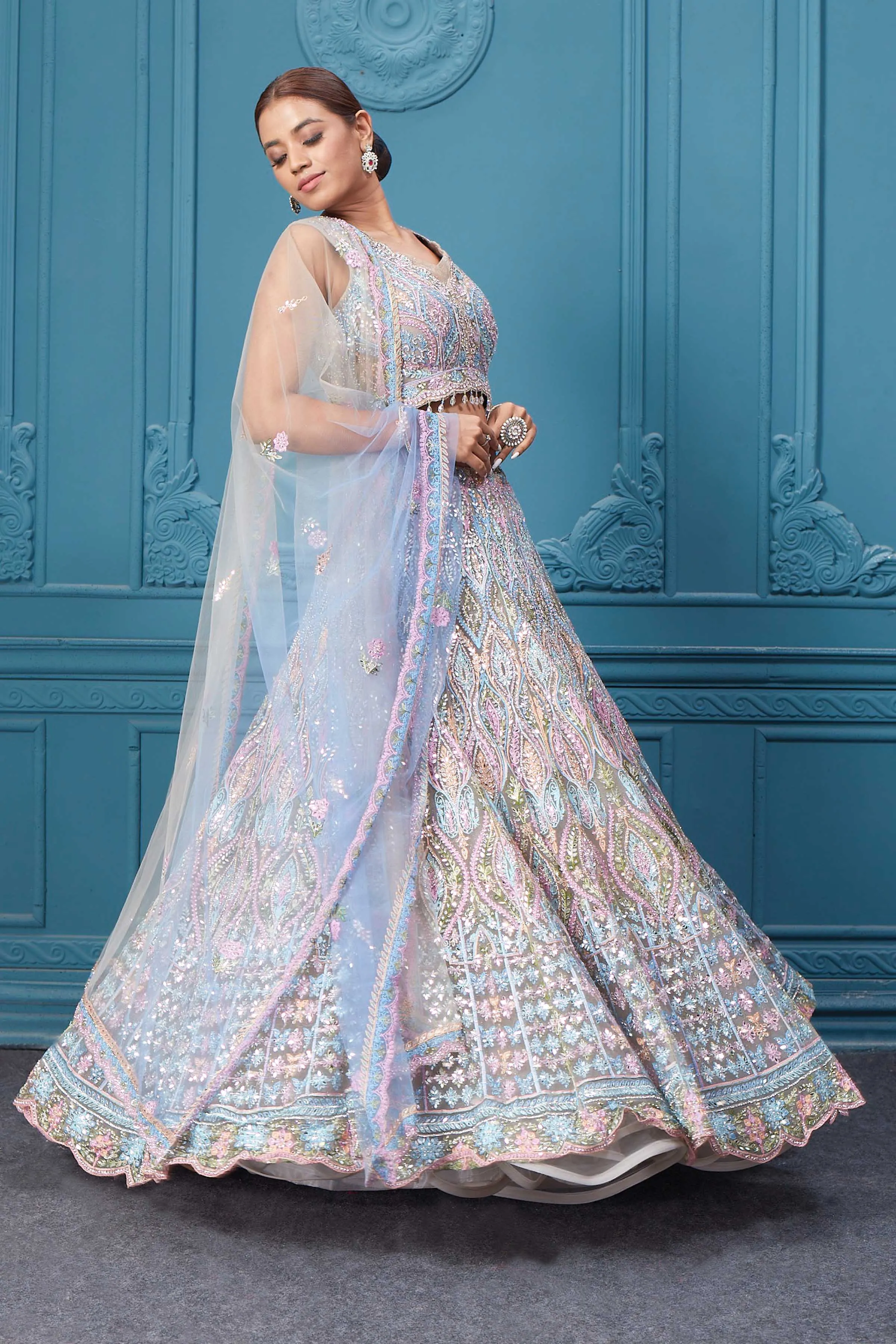 310049 Light Blue & Pink Heavy Embroidered Lehenga with Dupatta