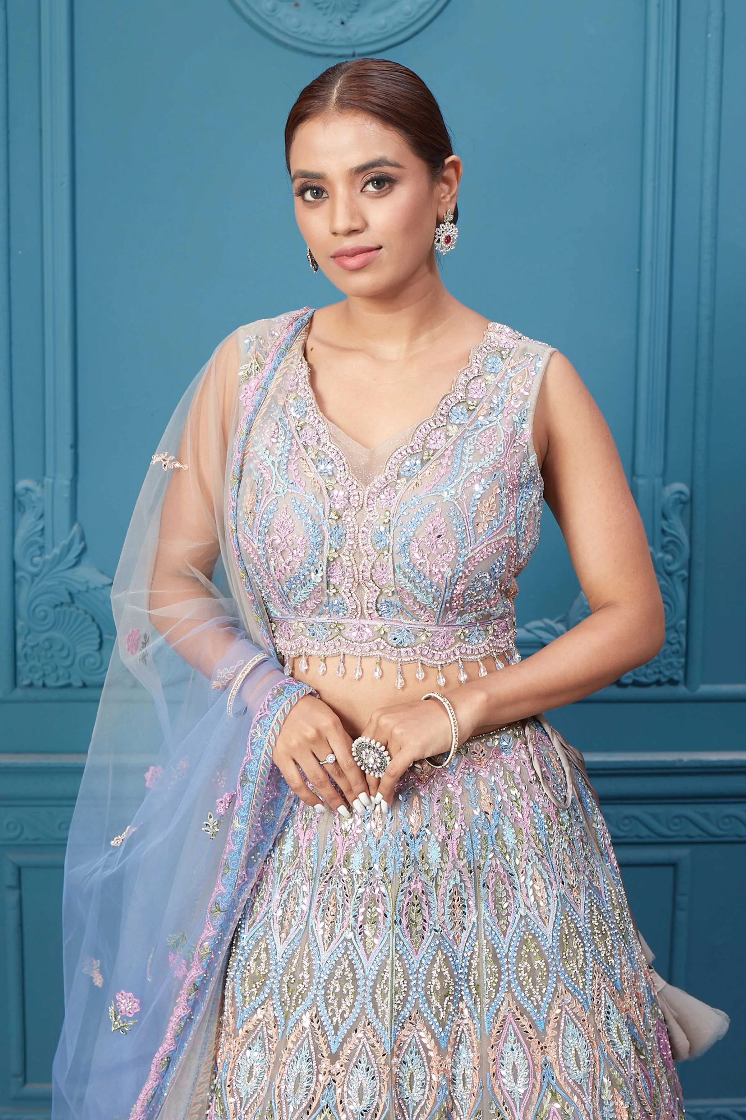 310049 Light Blue & Pink Heavy Embroidered Lehenga with Dupatta