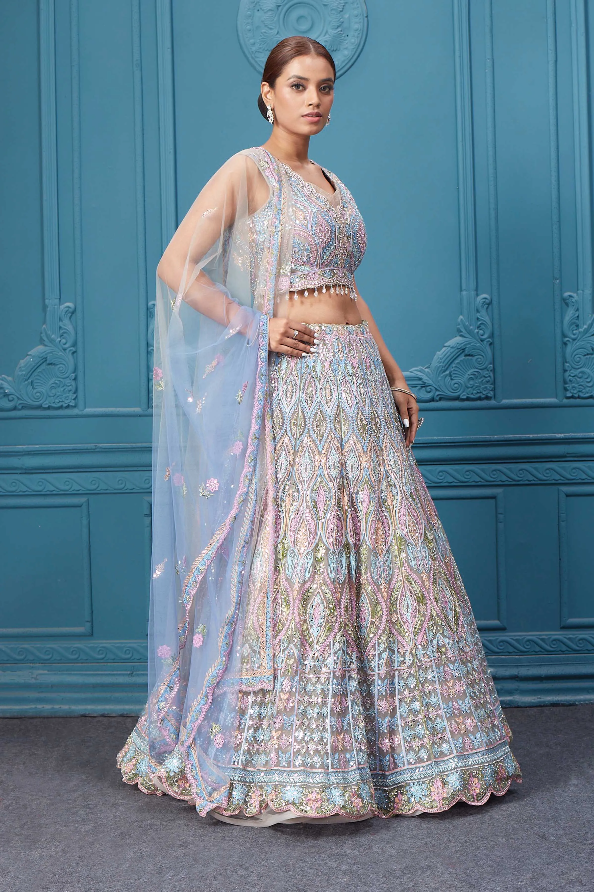 310049 Light Blue & Pink Heavy Embroidered Lehenga with Dupatta